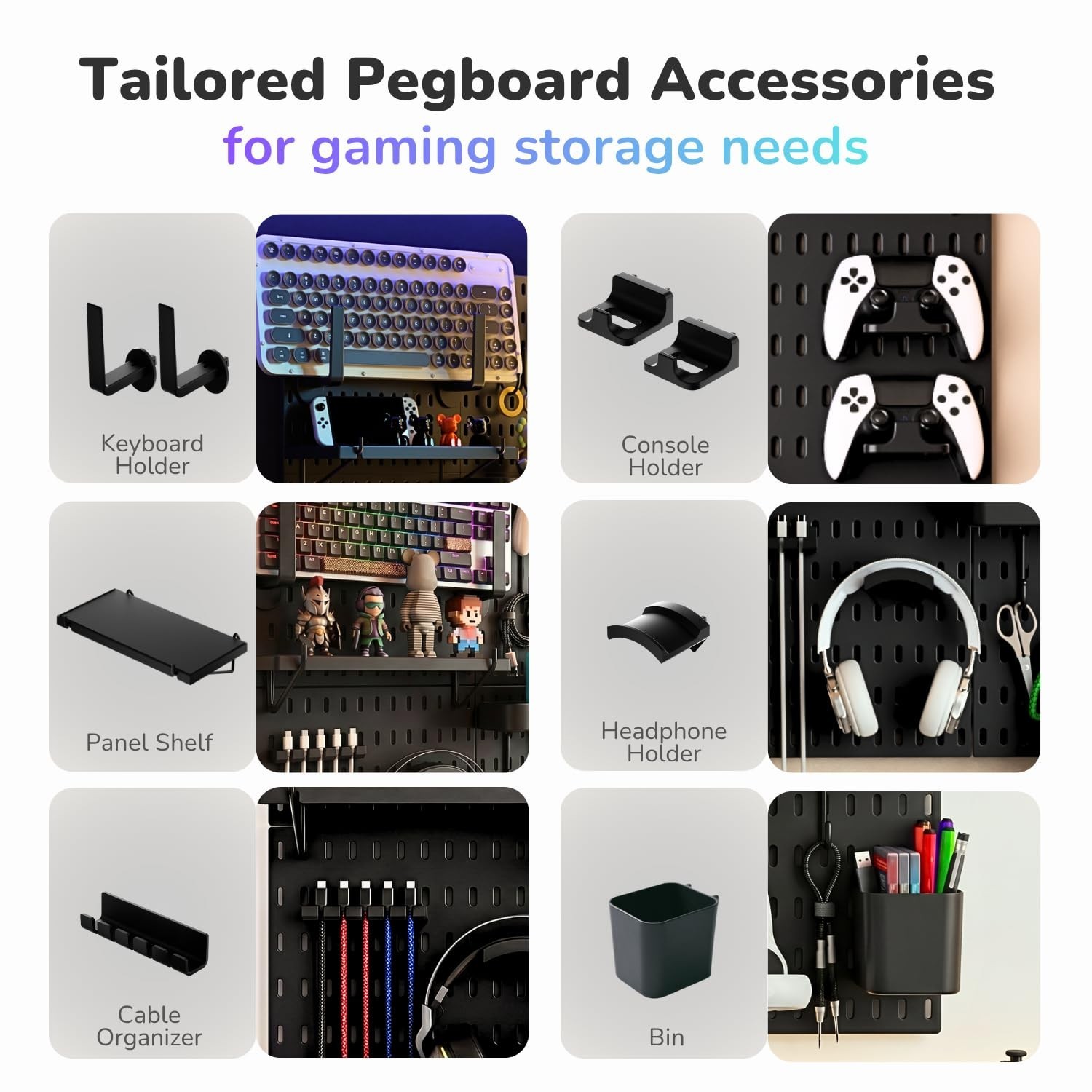 Keepo Peg Board Wall Organizer for Gaming Setup, Pegboard with Adhesives & Sc…