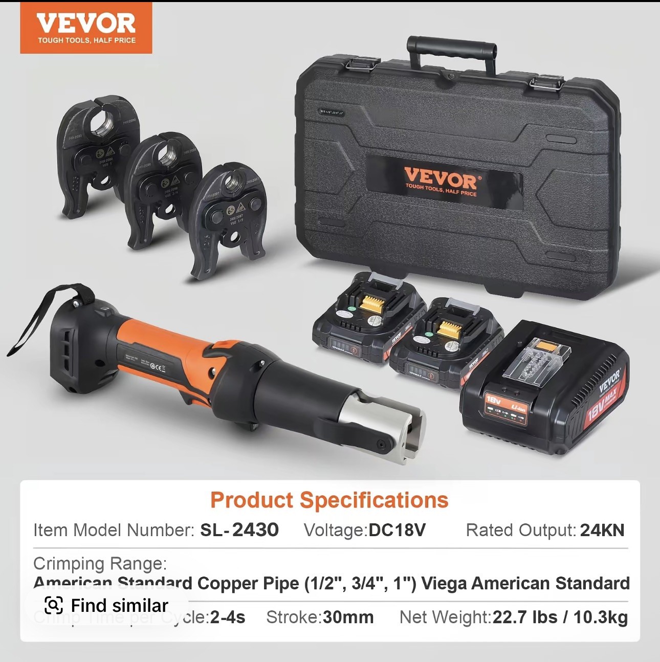VEVOR Press Tool 18V Electric Pipe Crimping Tool Copper Pipe 24KN 3 Jaws SL-2430