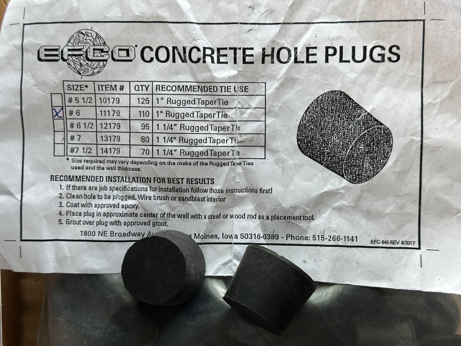 Pack of 110 – EFCO 11179 Concrete Hole Plus Size #6, 1″ Rugged Taper Tie