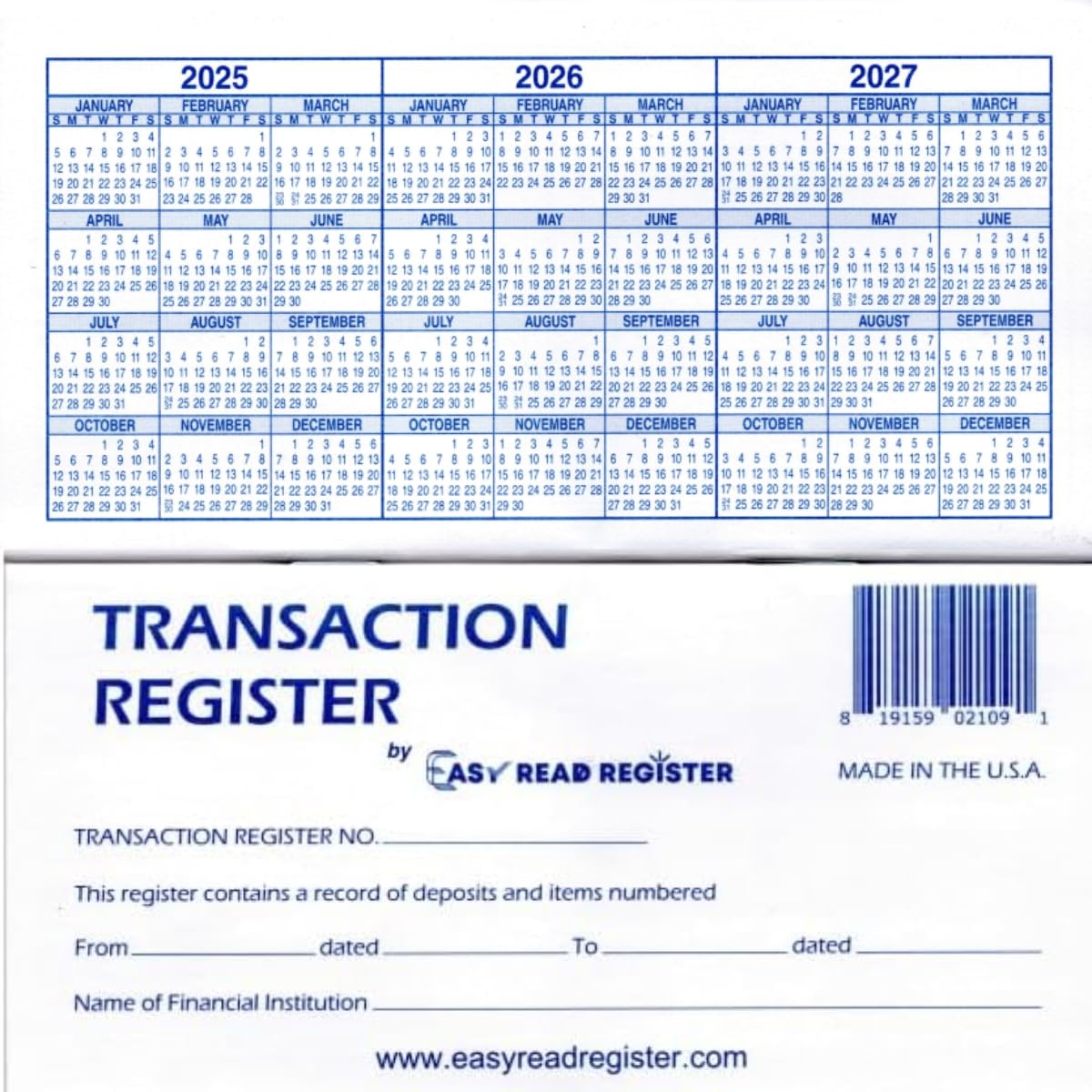 Checkbook Registers, 25-26-27 Calendars, Made in USA (12) 6×3 inches, Blue