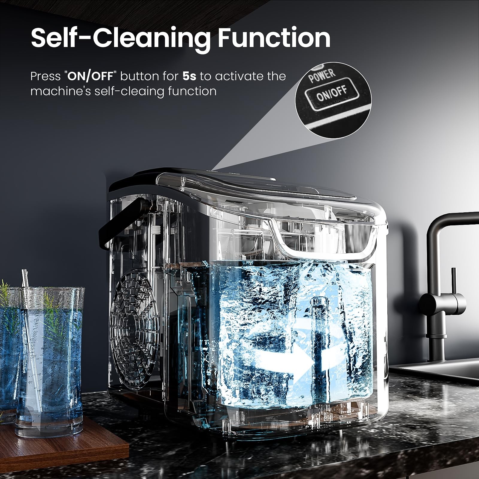 Countertop Ice Maker Machine with Handle, 8 Cubes Ready in 6 Mins, 26.5lbs/24…