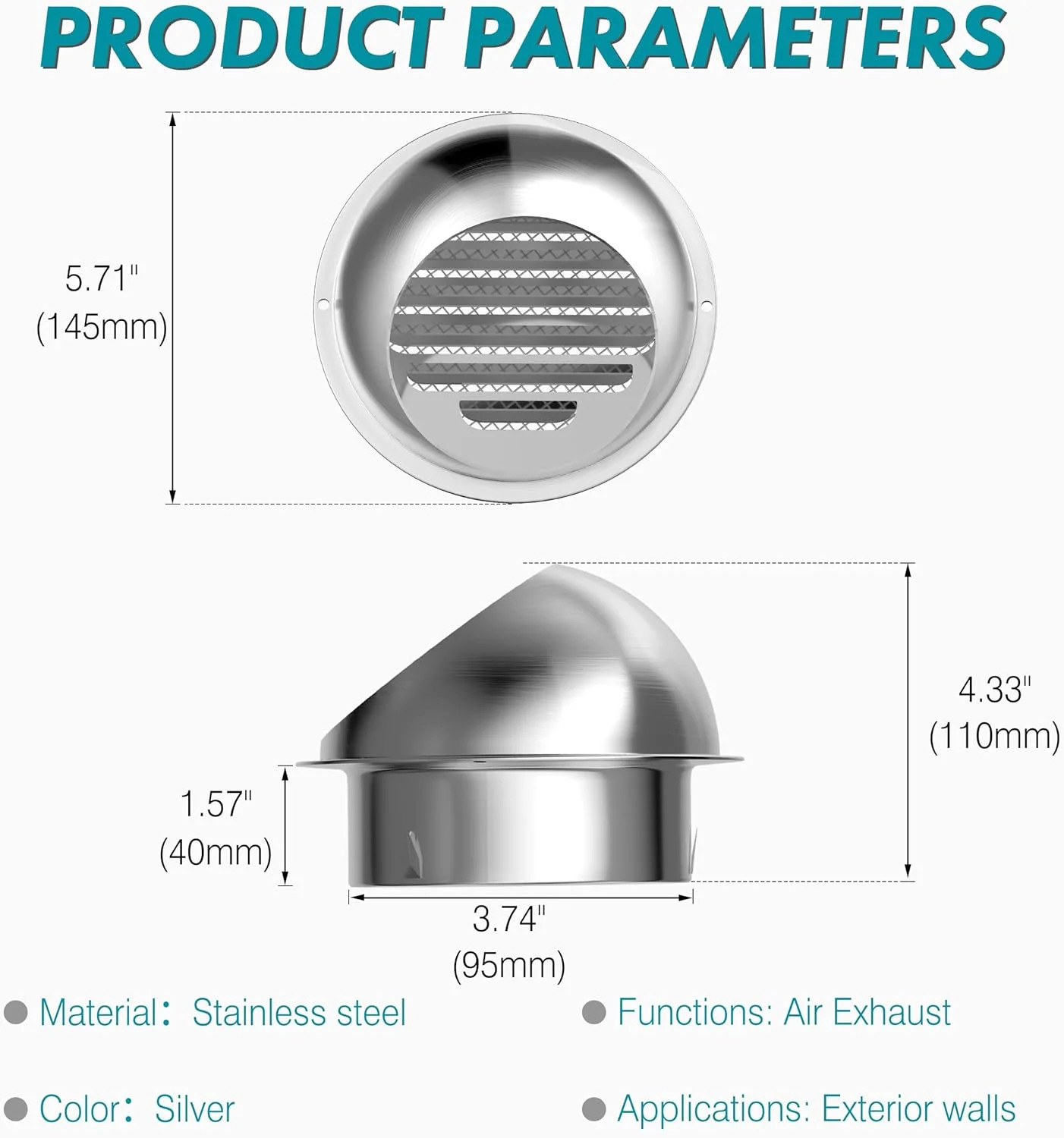 4» Stainless Steel Dryer Vent Cover Outdoor Vent Cover for Kitchen Bath House