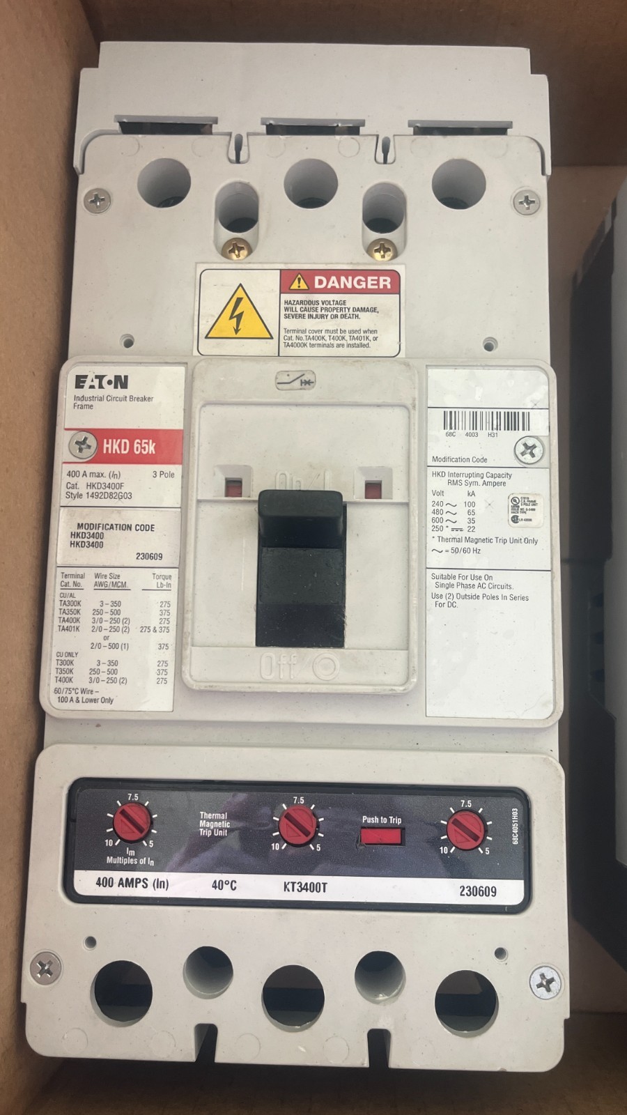 Eaton Cutler-Hammer KD-3400F Circuit Breaker K-Frame 3 Pole 3 Phase 400 Amp