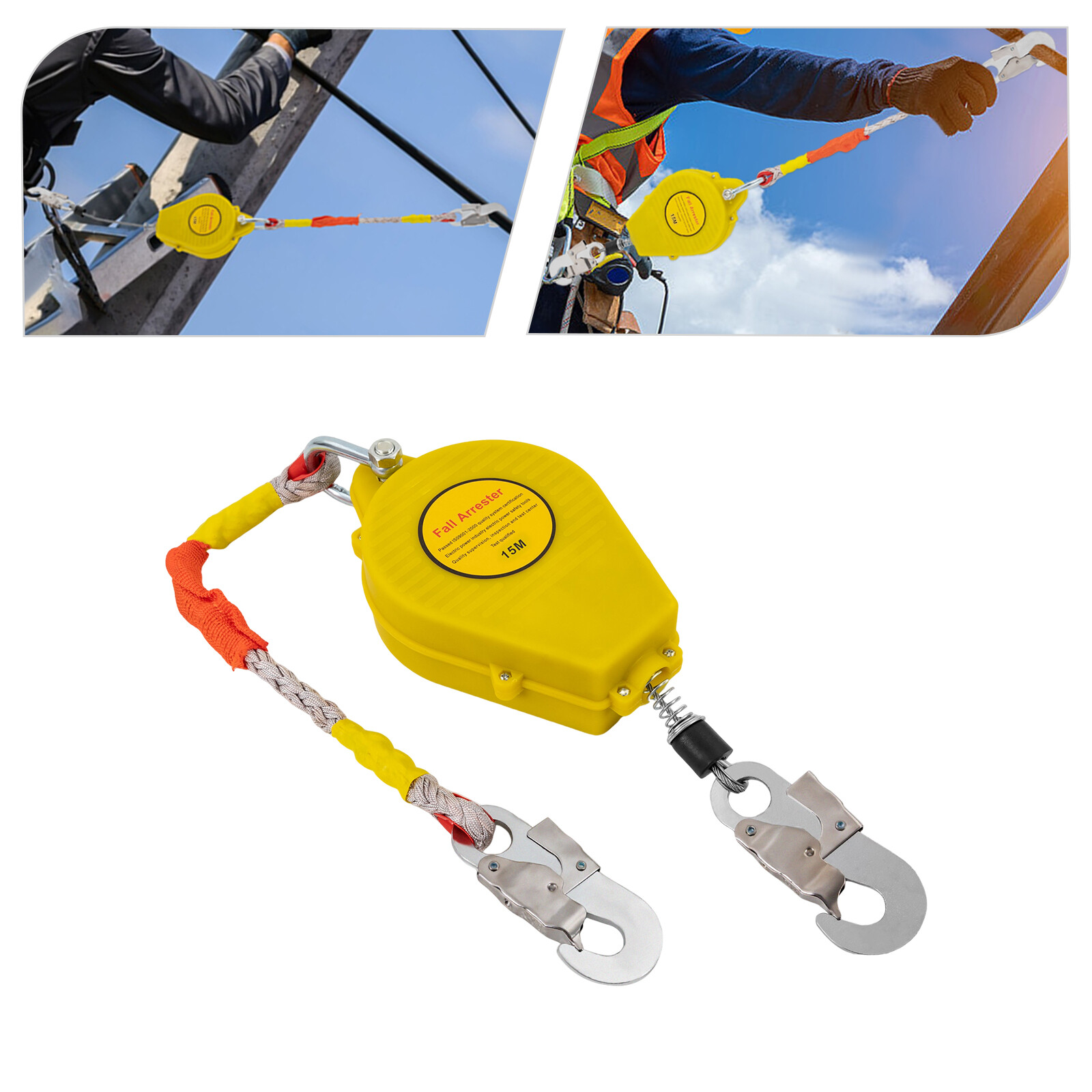 15M Self-Retracting Fall Arrester with Double Locking Hook, 150kg Capacity