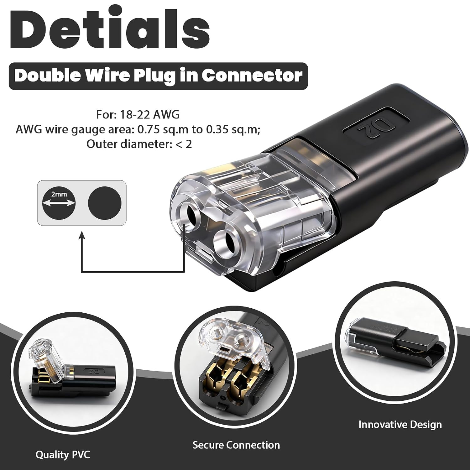 50Pcs Quick Connect Wire Connectors,Low Voltage No Stripping Double Wire Plug