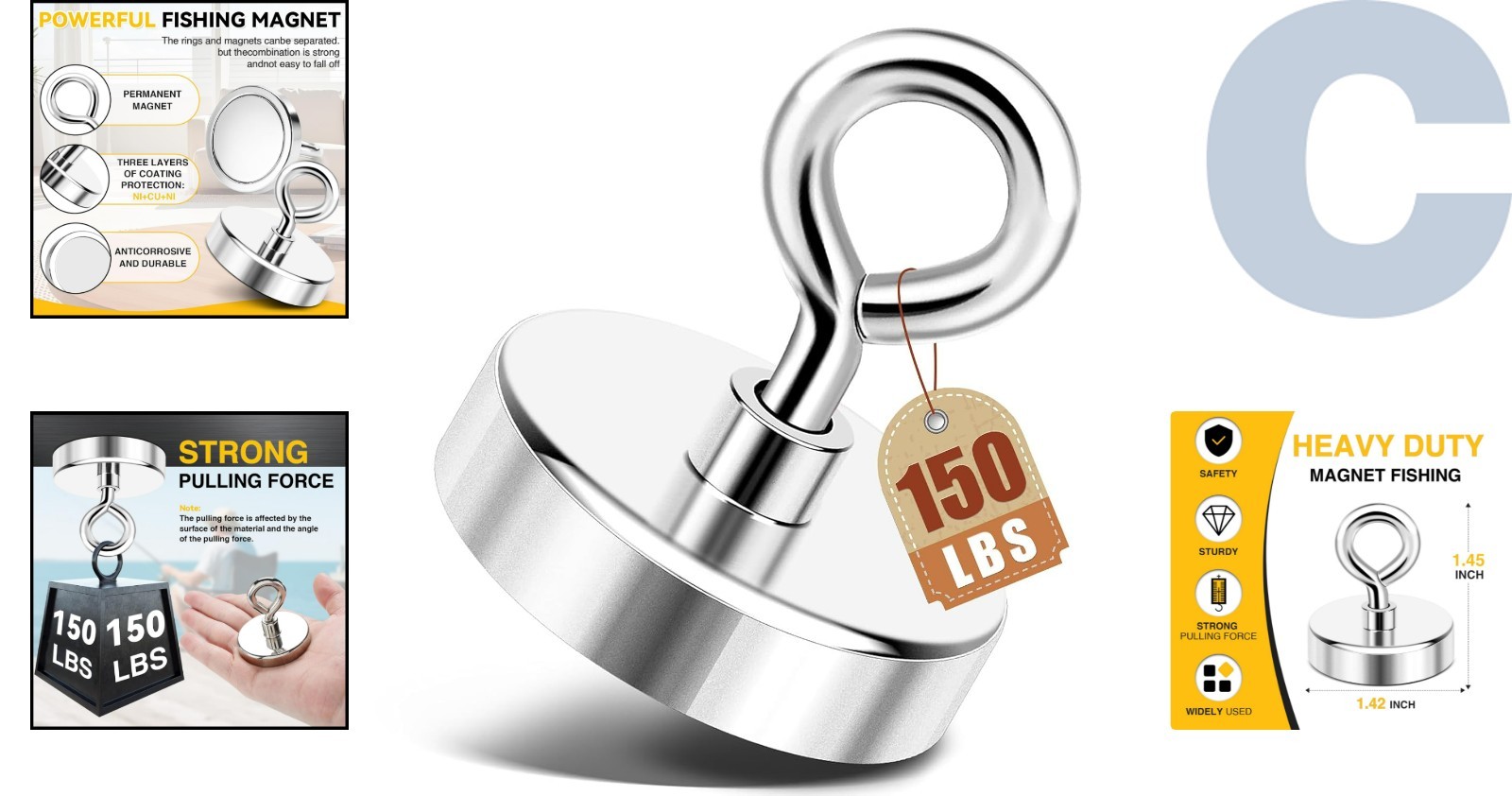 Alloy Steel 1.42» Fishing Magnet with 150lbs Pull Power for Water Retrieval