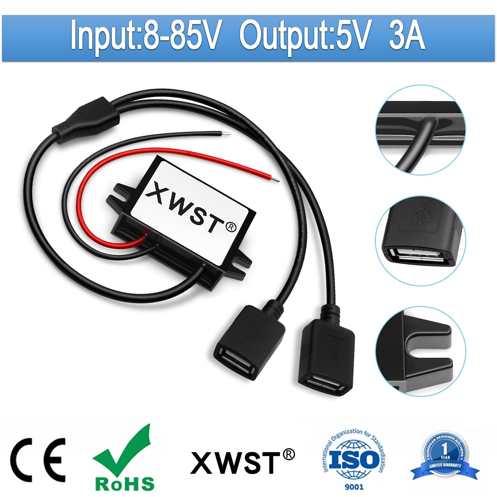 DC DC 8-85V to 5V USB Converter 12V 24V 36V 48V 60V 72V to 5V 3A 15W with Dua…