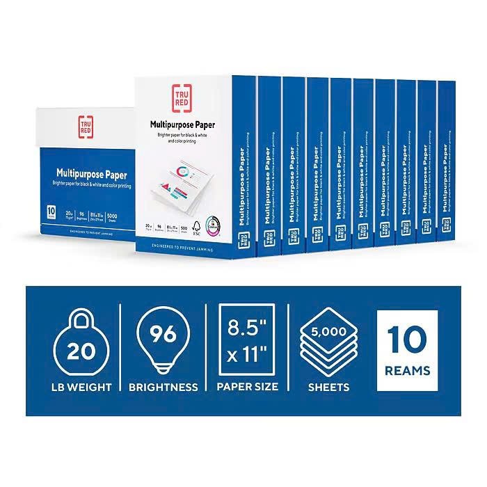 TRU RED Multipurpose Paper 8.5 x 11 – 20 lbs – 500 Sheets, 10 Reams