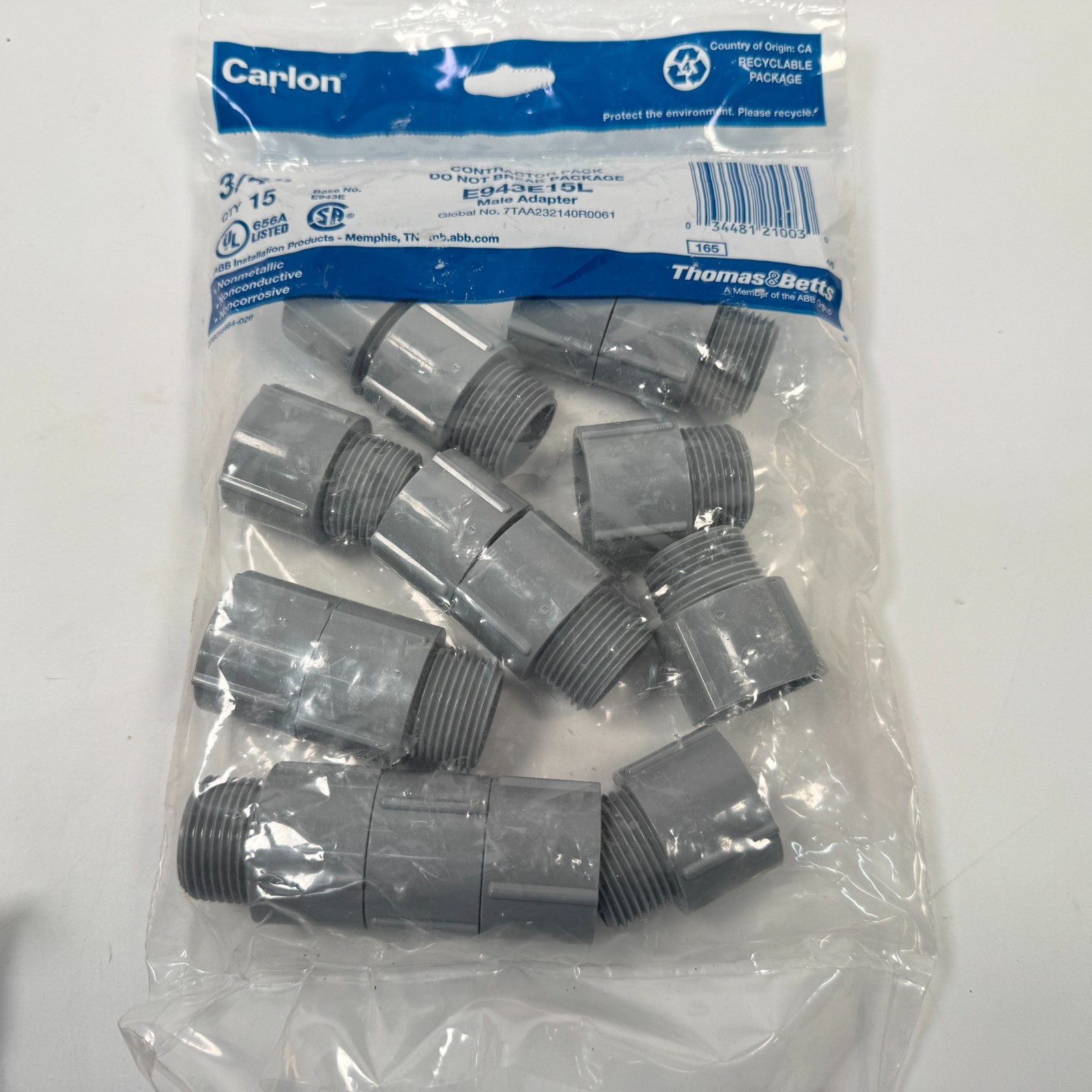 15-Pack 3/4” PVC Terminal Male Adapters Electrical Conduit Fittings E943E15L