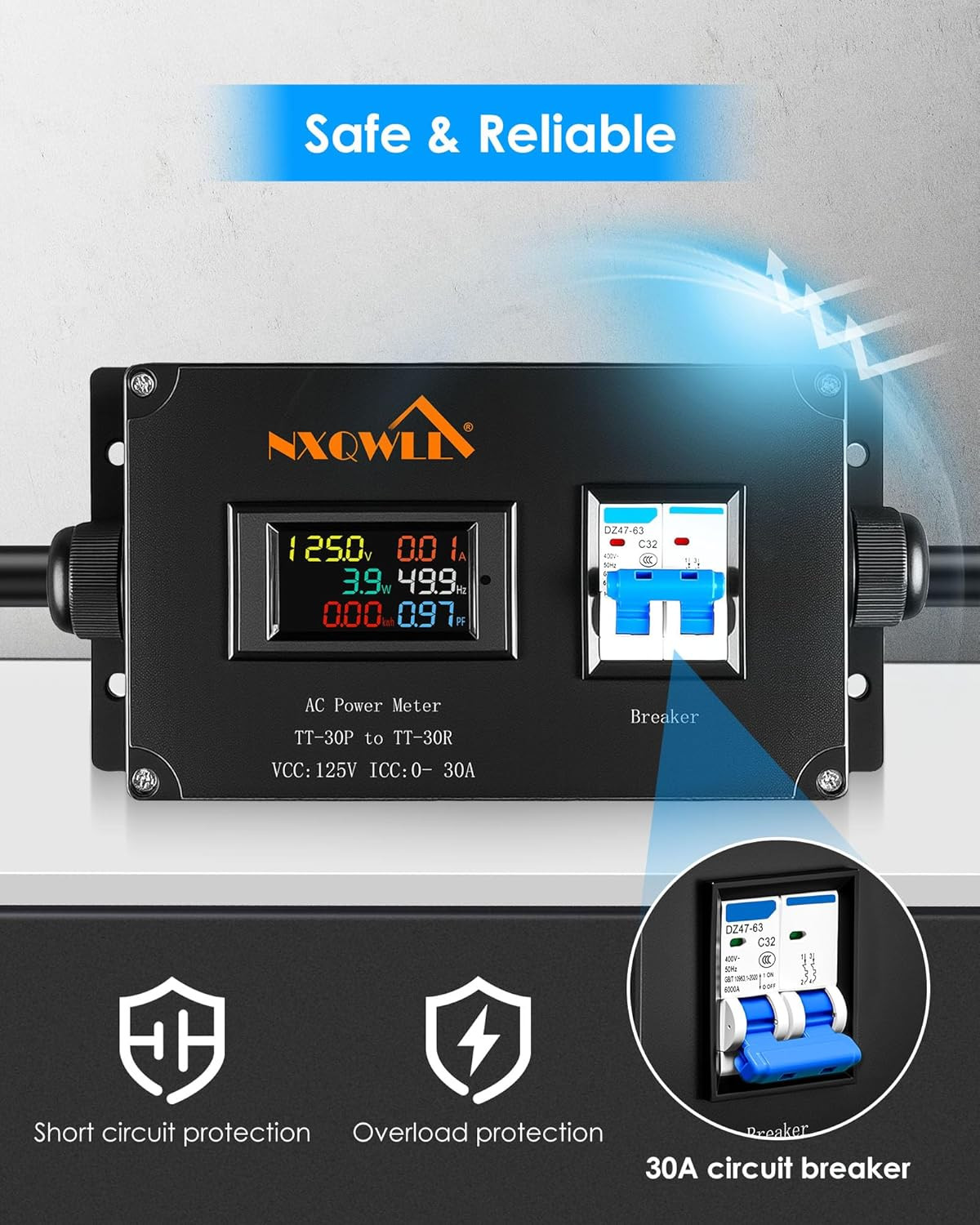 30A 125V AC Power Meter, NEMA TT-30P to TT-30R Outlet Monitor, Multifunction Ene