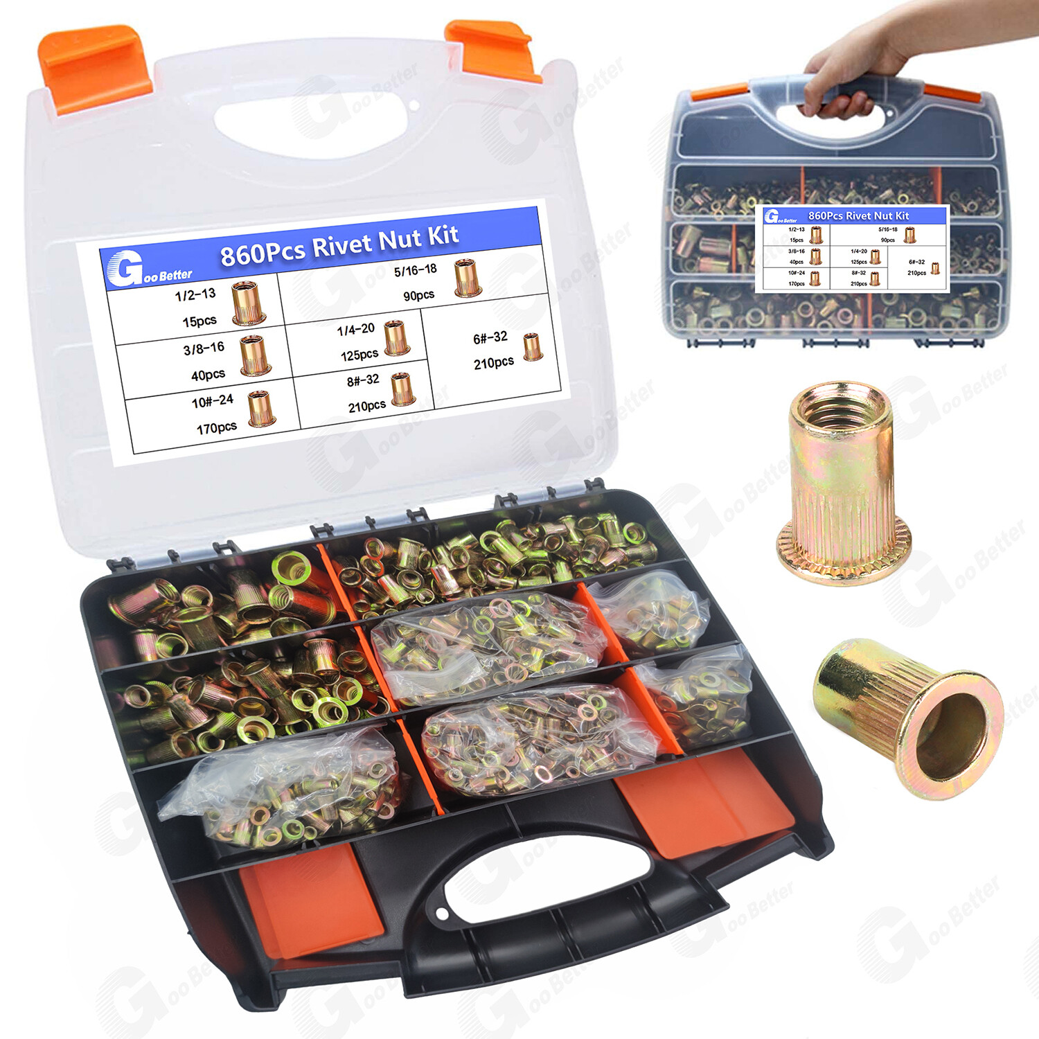 860Pcs Rivet Nut Kit UNC Rivnut Nutsert Assortment #6-32 #8-32 #10-24 1/4″ 5/16″