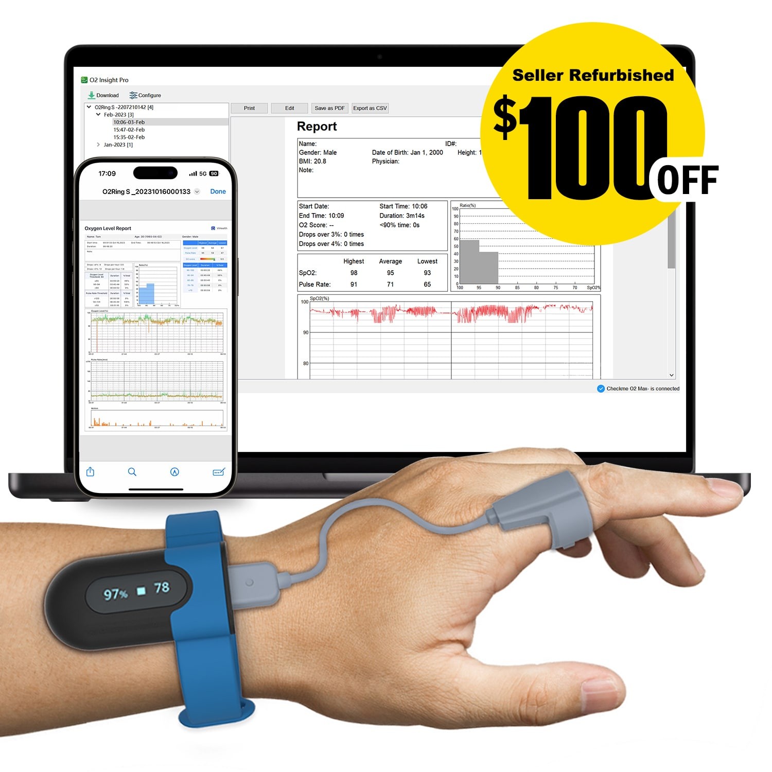 Vibeat OxyU Pulse Oximeter + O2 Ring Probe Sleep SpO2 Monitor, App & PC Software