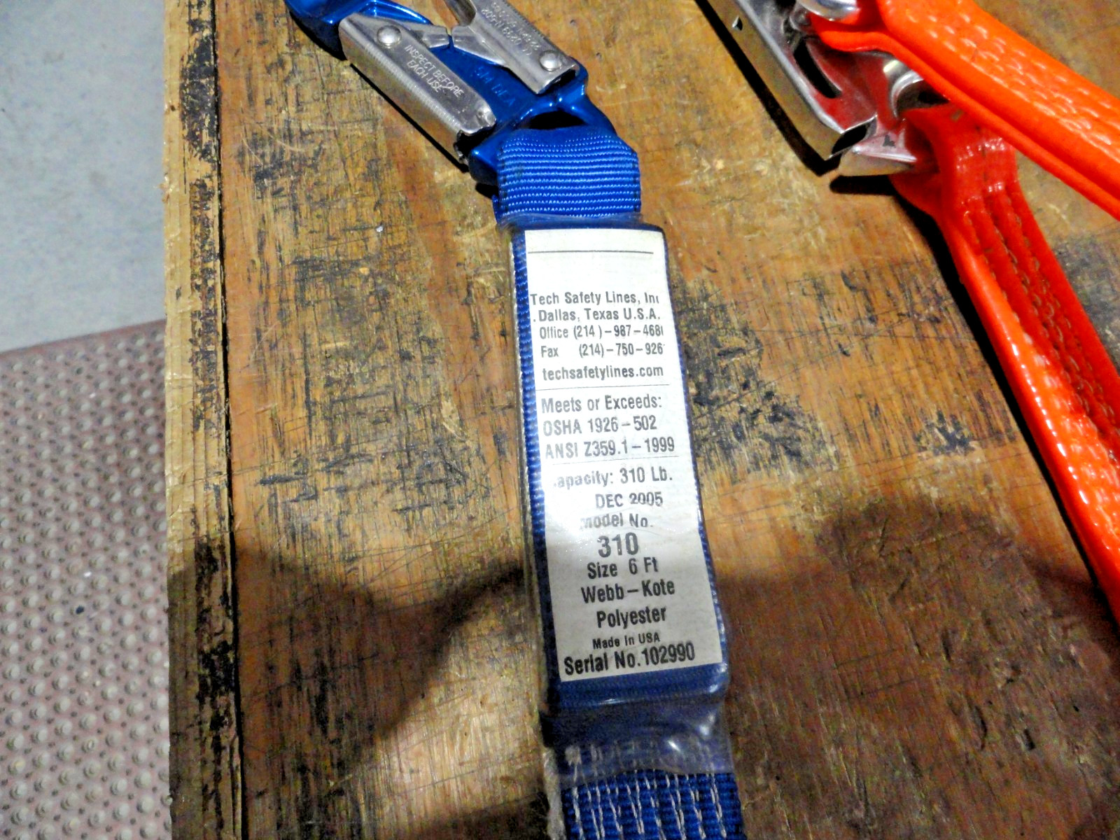 TECH SAFETY LINES MODEL 310 6FT LANYARD
