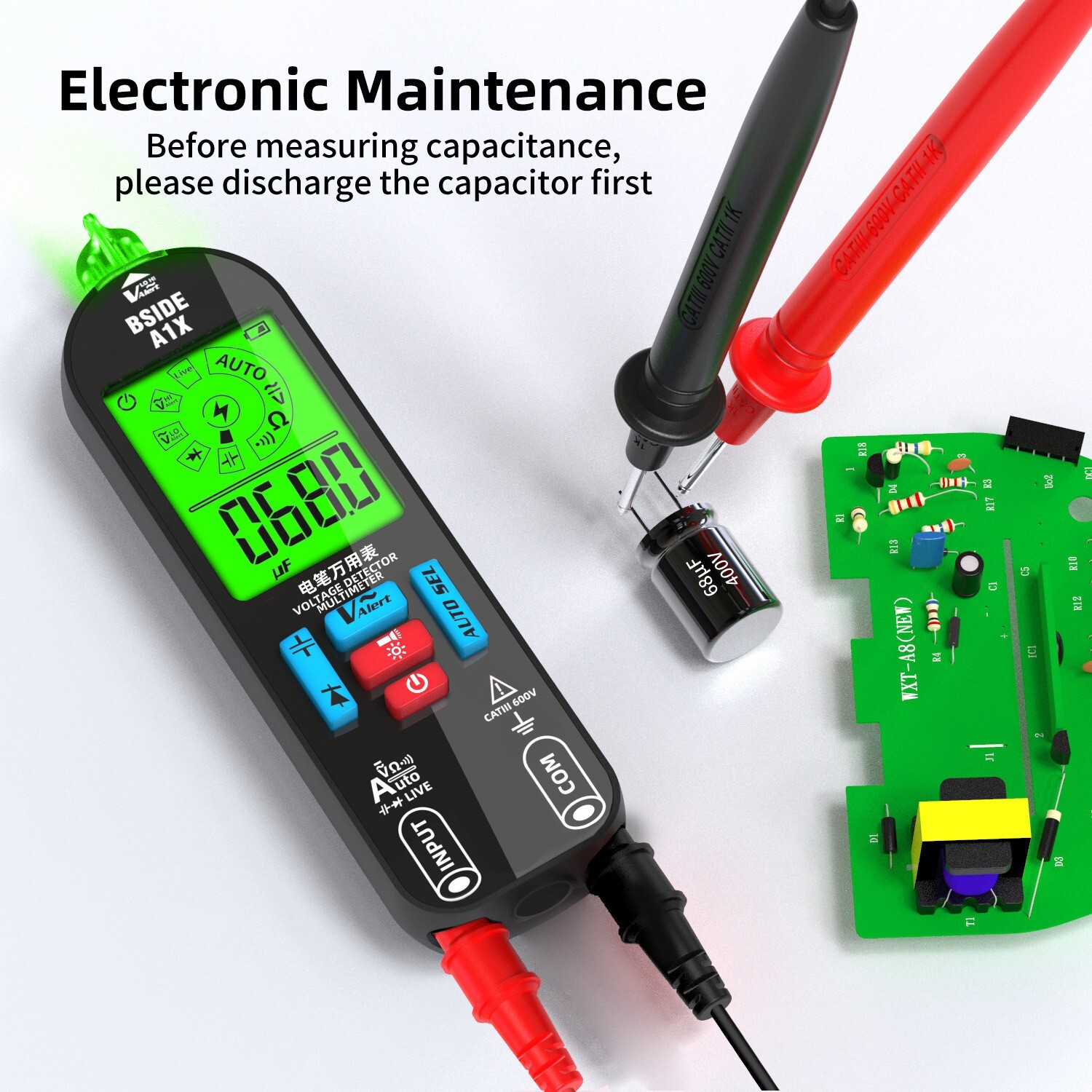 Multimeter AC/DC V Ω F Diode NCV Live Neutral Wire Check Flashlight Li-Battery