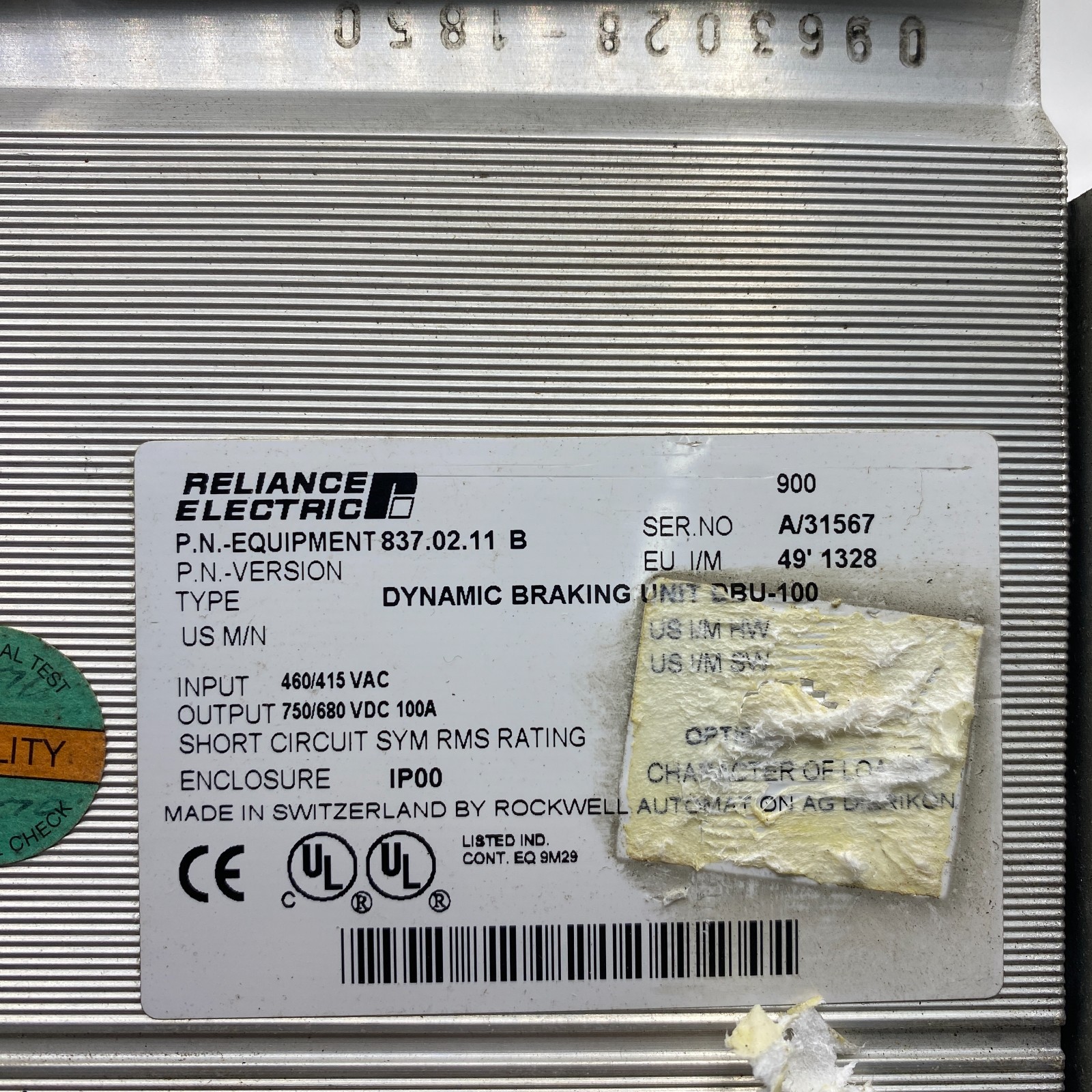 RELIANCE ELECTRIC 837.02.11 B DYNAMIC BRAKING UNIT DBU-100 8370211 DBU IP00