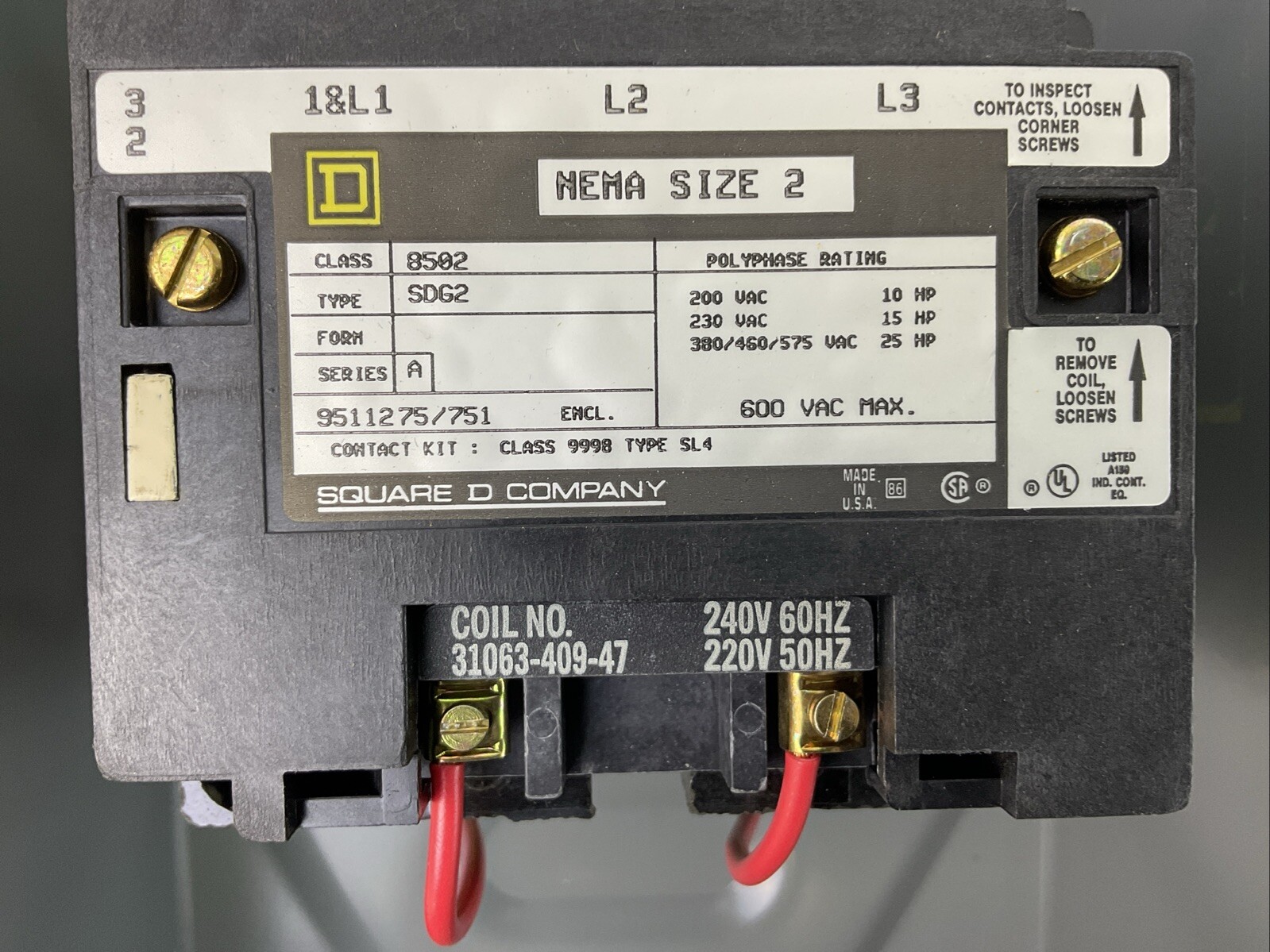 SQUARE D 8502 SDG2V03 SER A AC MAGNETIC NEMA RATED CONTACTOR IN TYPE 1 ENCLOSURE