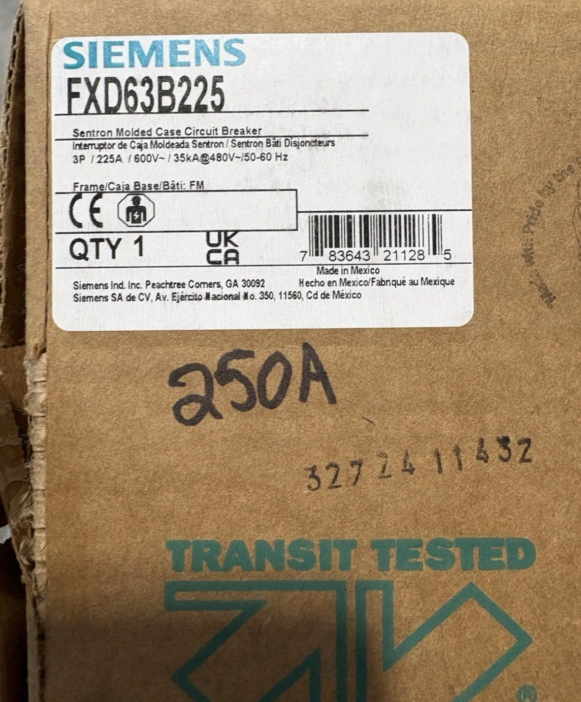 Siemens FXD63B250 Molded Case Circuit Breaker 250A, 3 Phases, 600V *NEW* (READ)