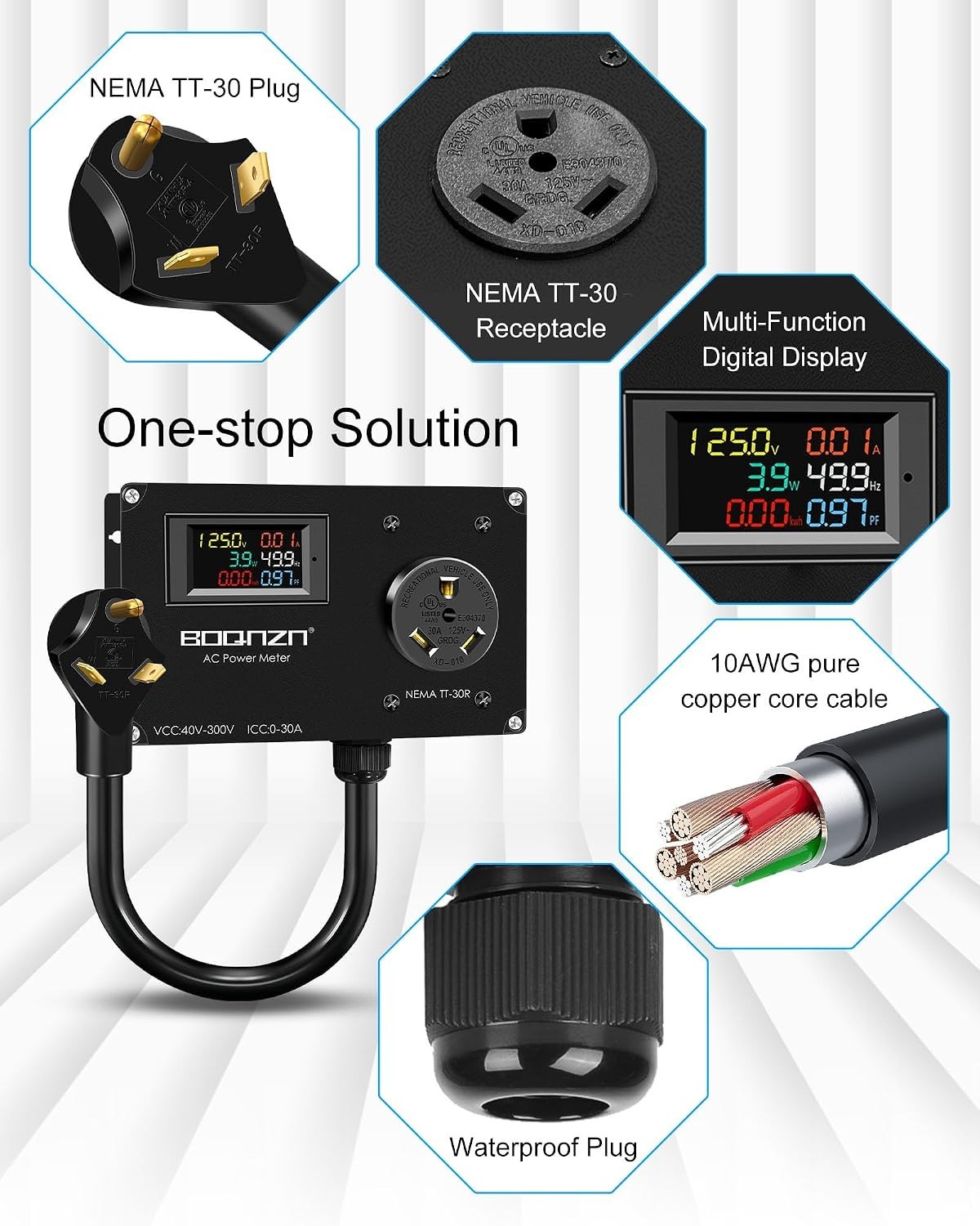 30A AC Power Meter, 125V TT-30P to TT-30R Outlet Monitor for Generator, LCD Disp
