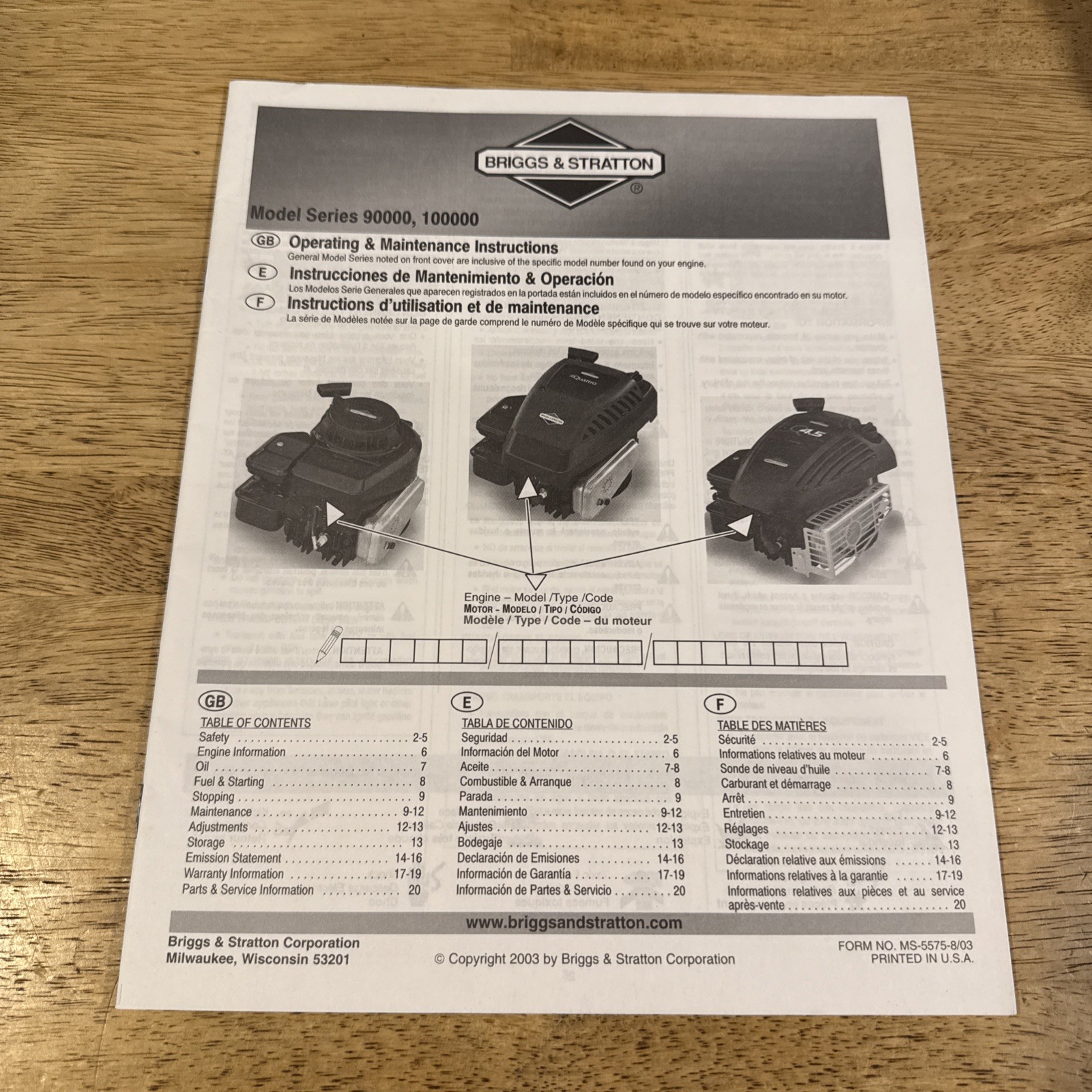 Briggs & Stratton Engines Model 90000 Model 100000 Operating/Maintenance
