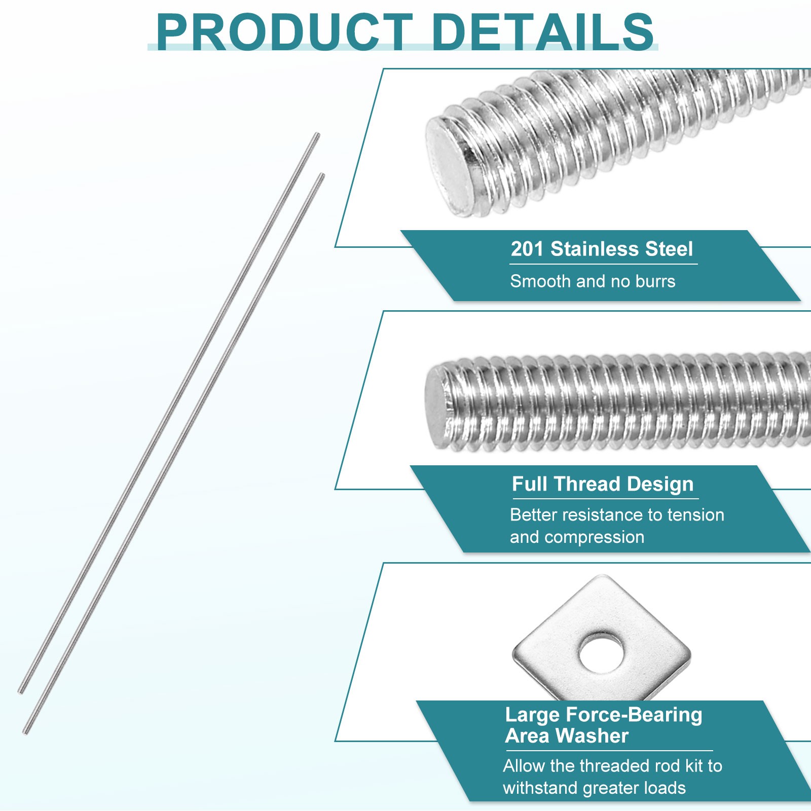 16Pcs Fully Threaded Rod, M3 x 300mm 201 Stainless Steel with Nuts Washers