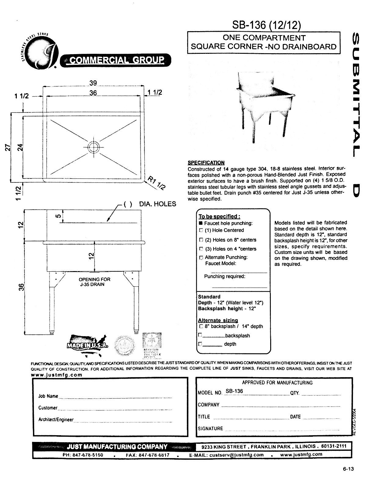Just SB136-2 – One-Compartment, 2-Hole 14G Stainless Steel Floor-Mount Mop Sink