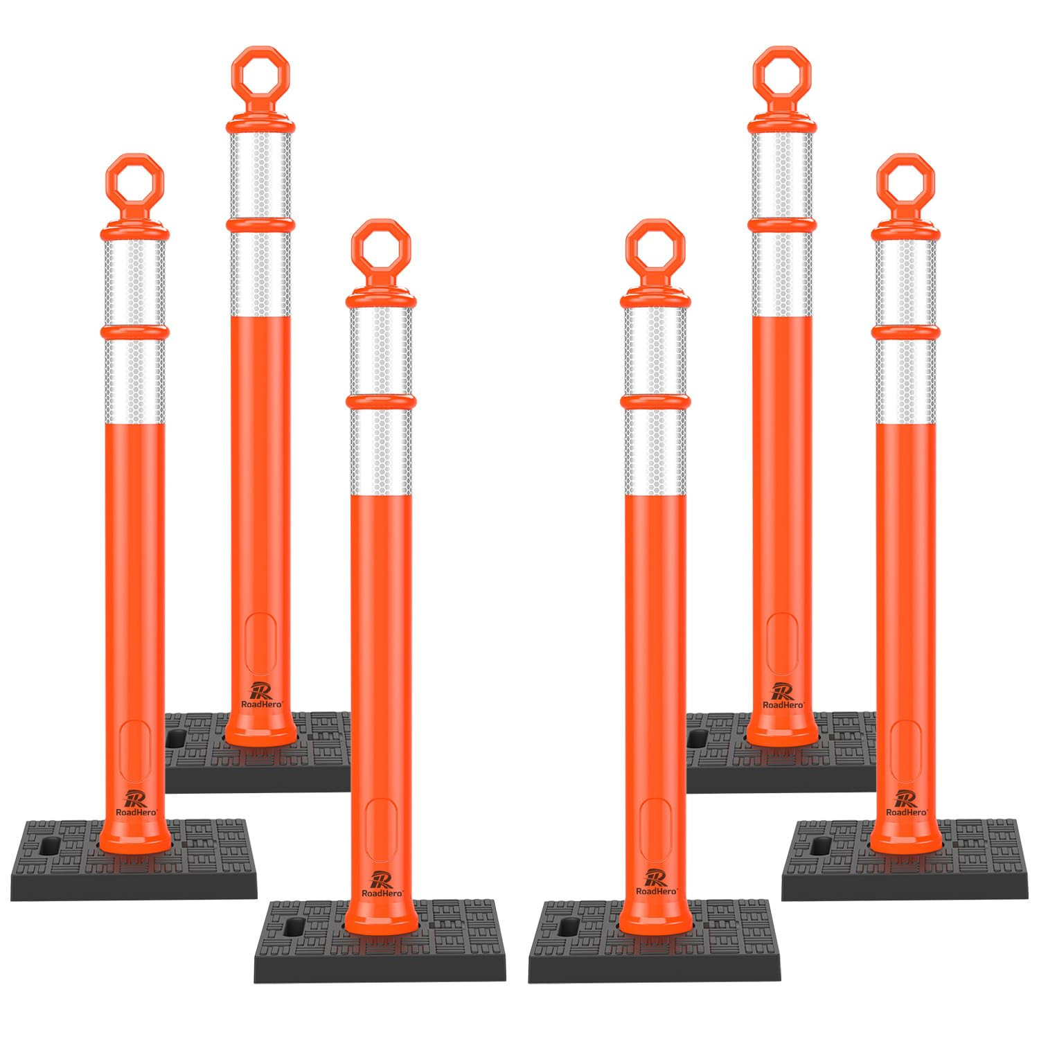 42 Inch Orange Traffic Delineator Post Cones with Base, 6 Pack | Portable Safety