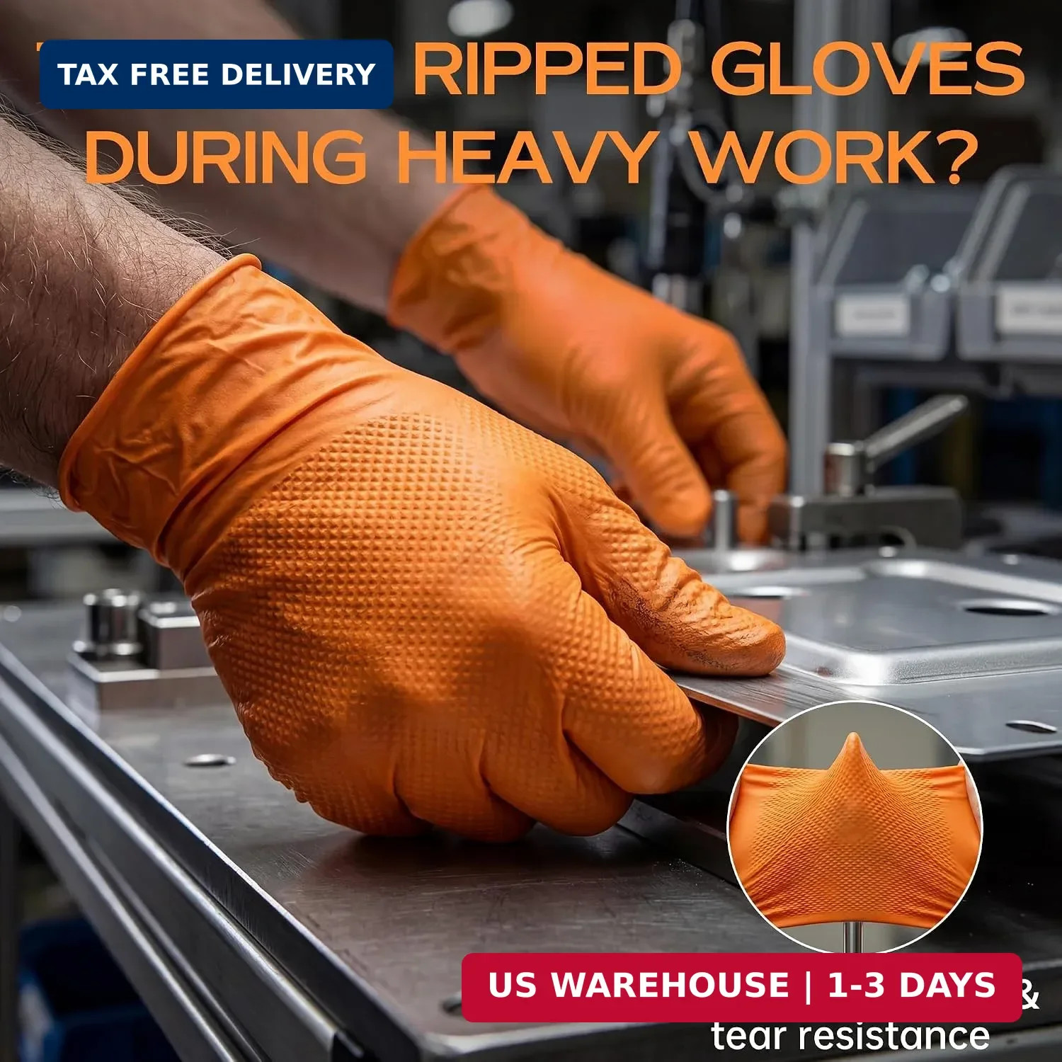 HEAVY DUTY 8 Mil Orange Nitrile Gloves, Diamond Textured Disposable Industrial M