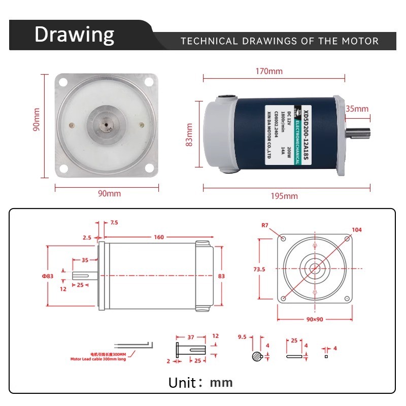 200W DC 12V/24V 1800/3000RPM High-speed Motor Reversible Adjustable Speed Motor