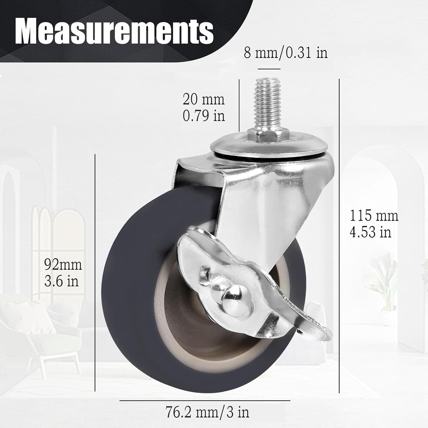 3 Inch Stem Caster Wheels Set of 4, Heavy Duty 600 Lbs Quiet Non-Marking Rubber