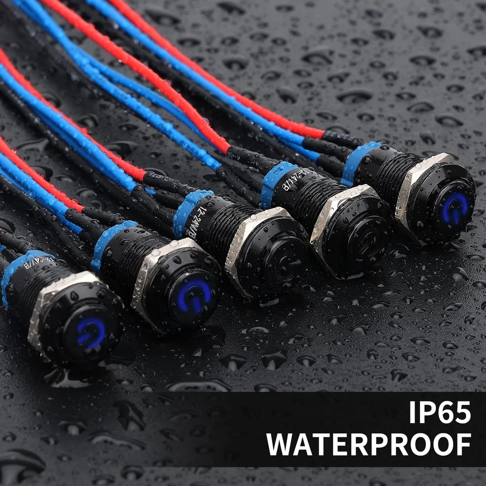 5PCS 12mm Latching LED Push Button Switch Mini Round Black Shell with Pre-Wired