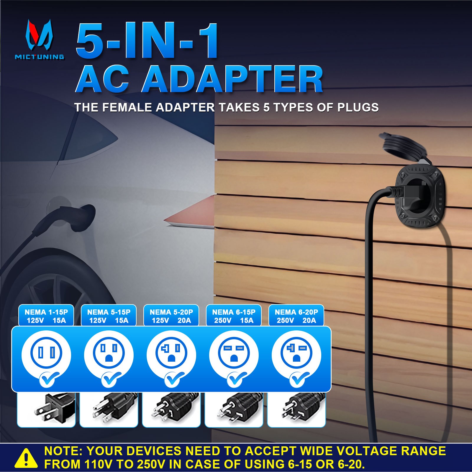 5-in-1 AC Port Plug, 20 Amp 125V RV Shore Power Inlet Plug with T-Blade Adapter