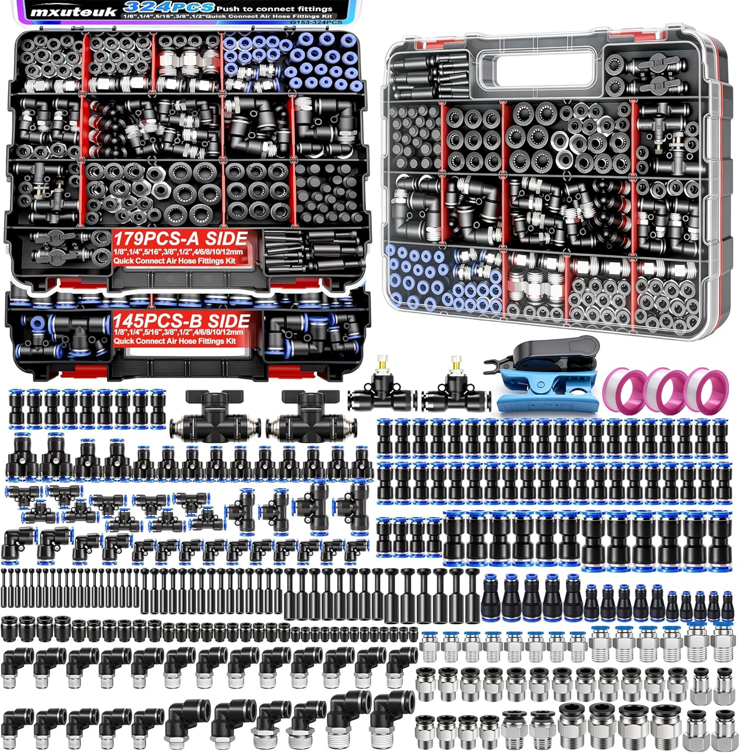 Mxuteuk 324PCS Air Line Quick Connect Fittings,1/8″,1/4″,5/16″,3/8″,1/2″,4/6/8/1