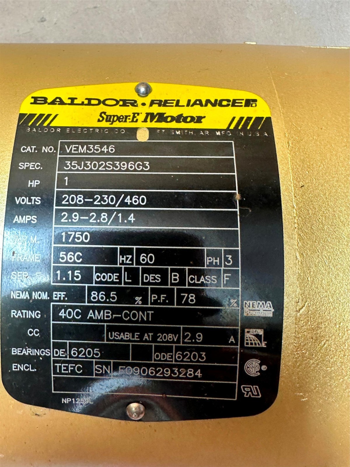 New Baldor Super-E Motor VEM3546 1HP 208-230/460V, 2.9-2.8/1/4A 1750RPM 56C 3PH