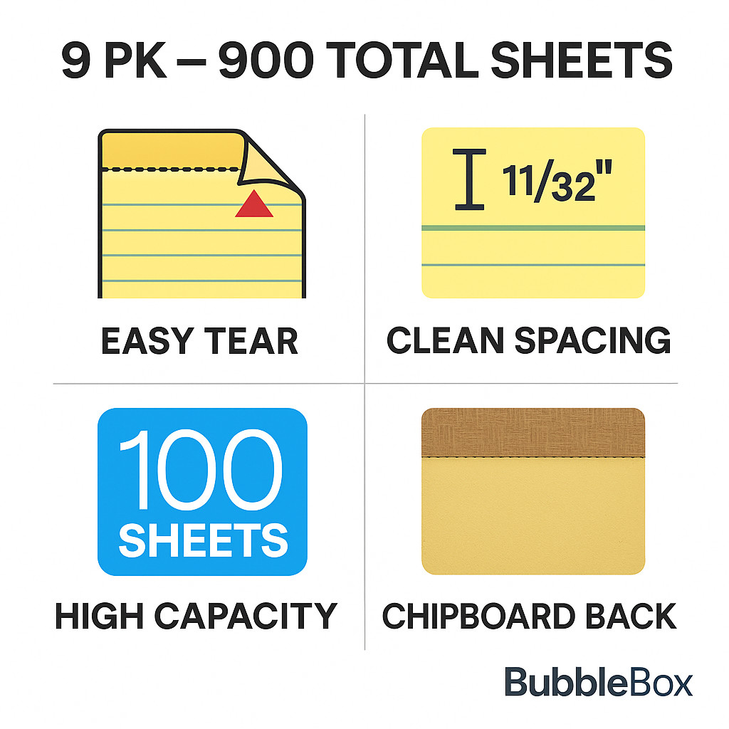 TOPS Legal Pad 8.5×11.75 Canary Legal Ruled 100 Sheet Pads 9-Pack BubbleBox
