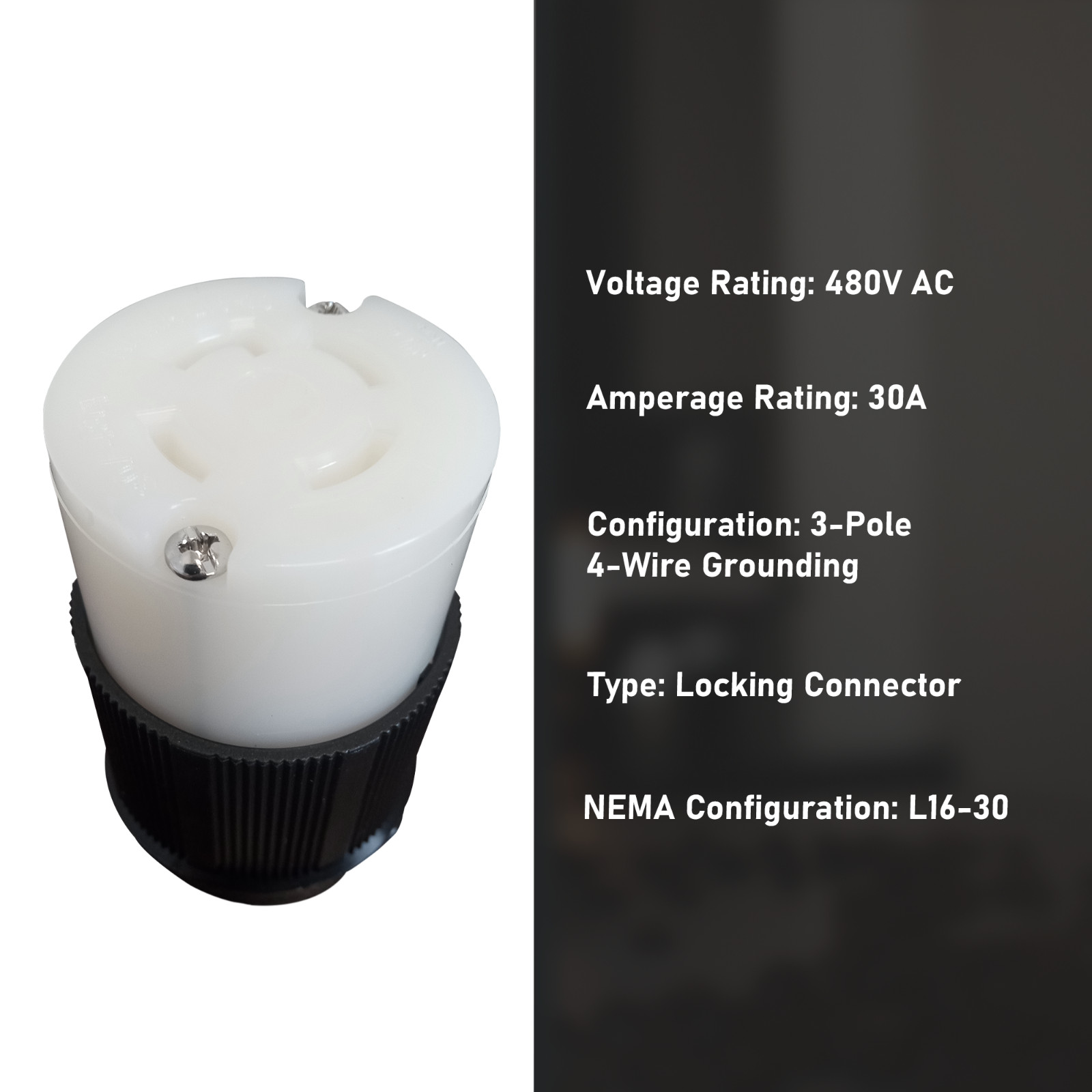 NEMA L16-30 Grounding Locking Connector, 30A 480V AC, 3 Pole 4 Wire, cUL Listed
