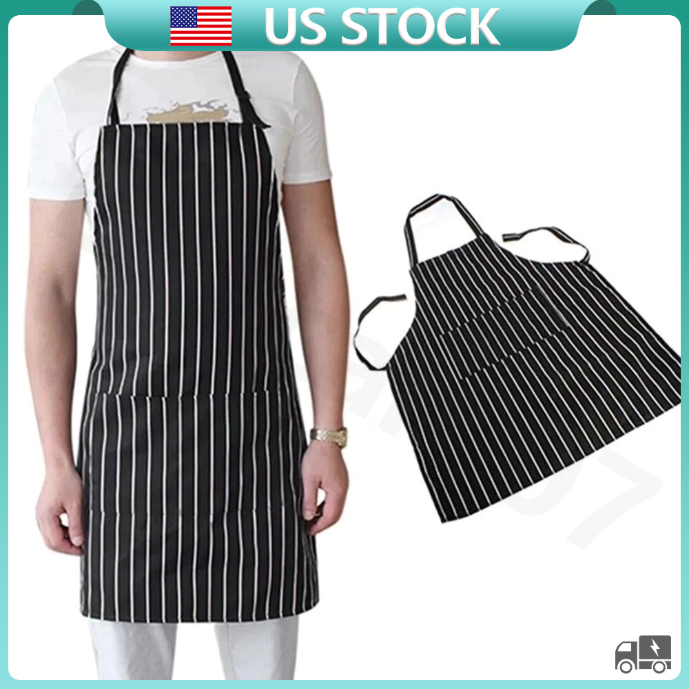 Adjustable Chef Apron with Two Pockets Striped Kitchen Bib For Men and Women