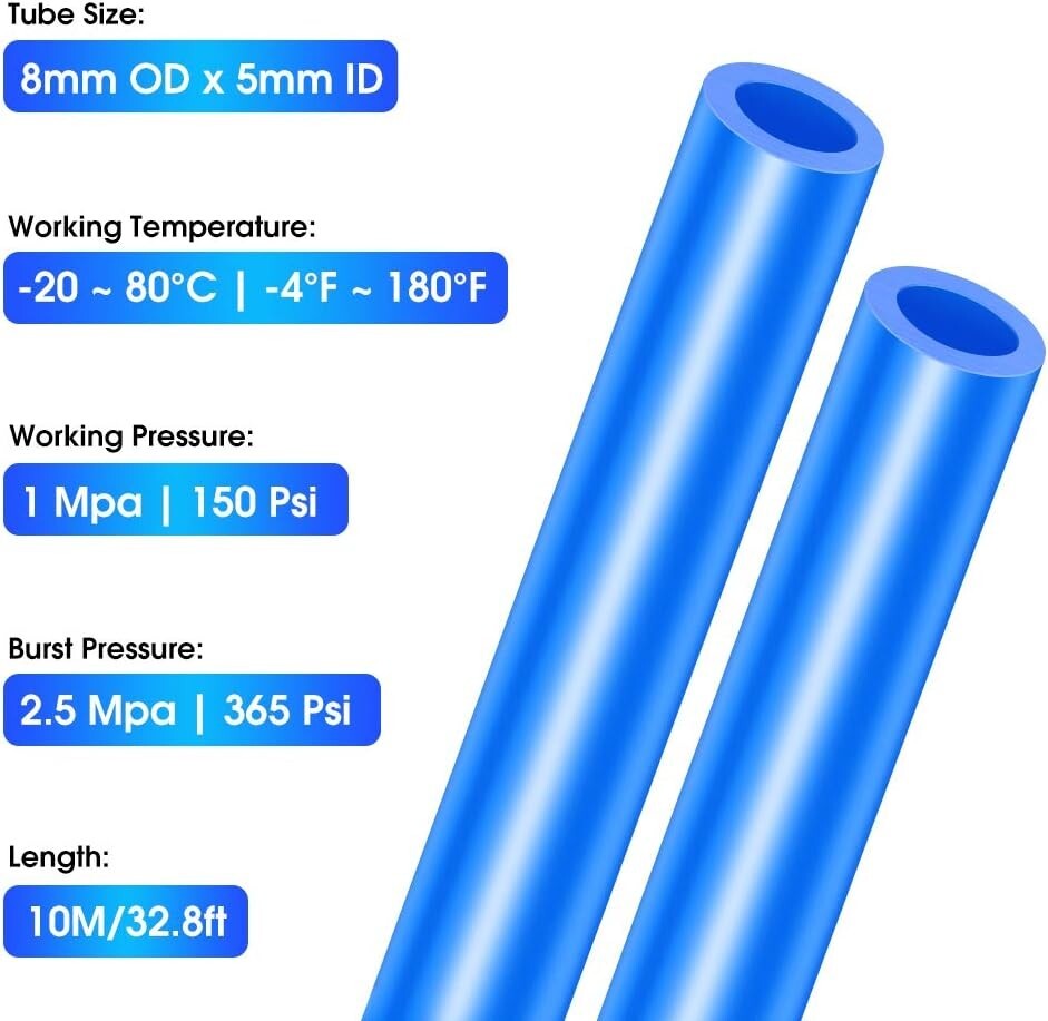 Blue 8Mm or 5/16 OD 5Mm ID Polyurethane PU Air Hose Pipe Tube Kit 10 Meter