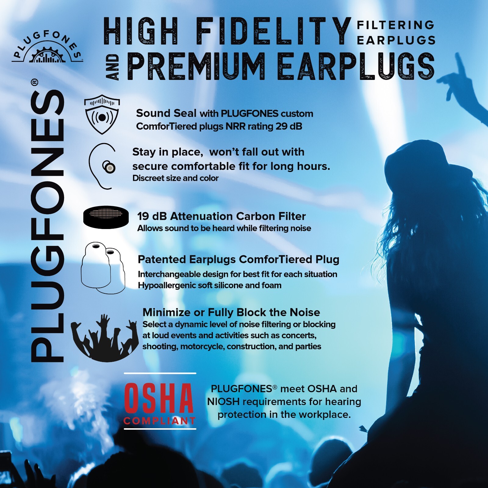 Plugfones Dynamics High Fidelity Earplugs and Full Protection Ear plug 2 PairSET