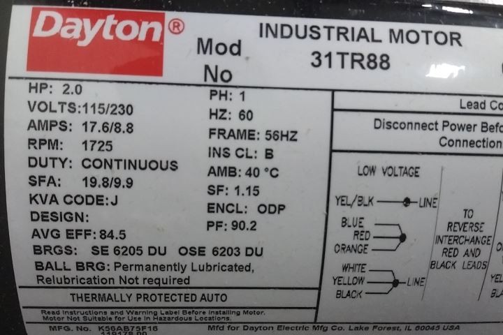 Dayton 119178.00 2 HP 1725 RPM 115/208-230VAC General Purpose Motor