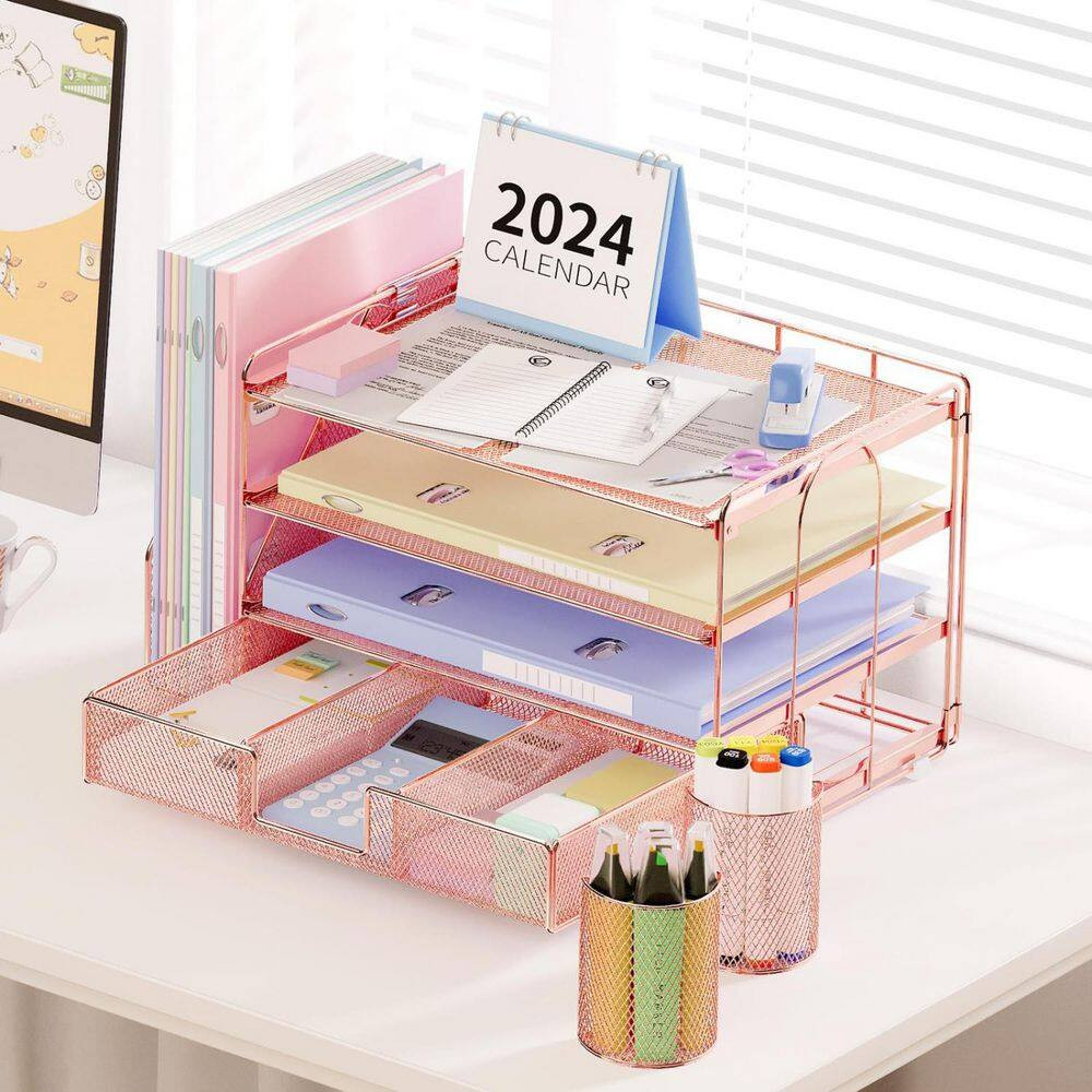 15.5 in X 9.3 in Pink Metal 4-Tier Desktop File Organizer with Drawer and 2 Pen