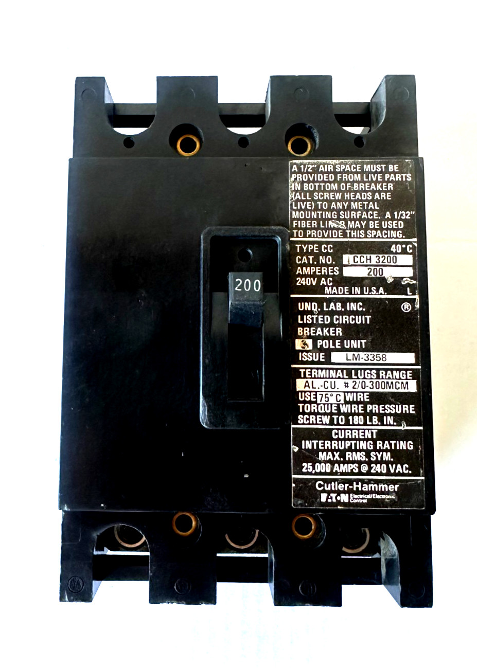 EATON, CUTLER-HAMMER, CCH3200, 200A, 240V, 3 POLE, 25K AIC, *RECONDITIONED