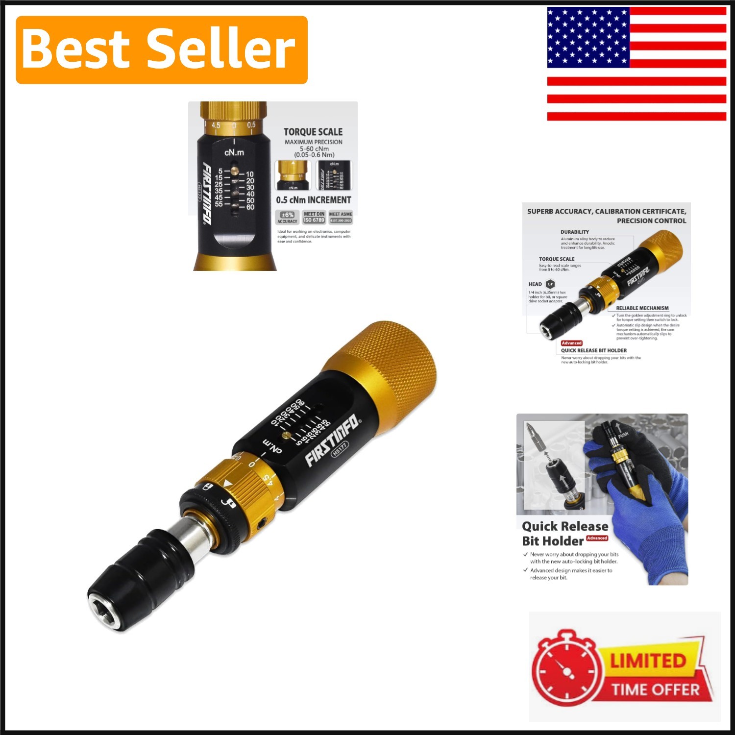 Precision Torque Limiting Screwdriver: 0.44-5.31 in-lb Range, Quick-Release