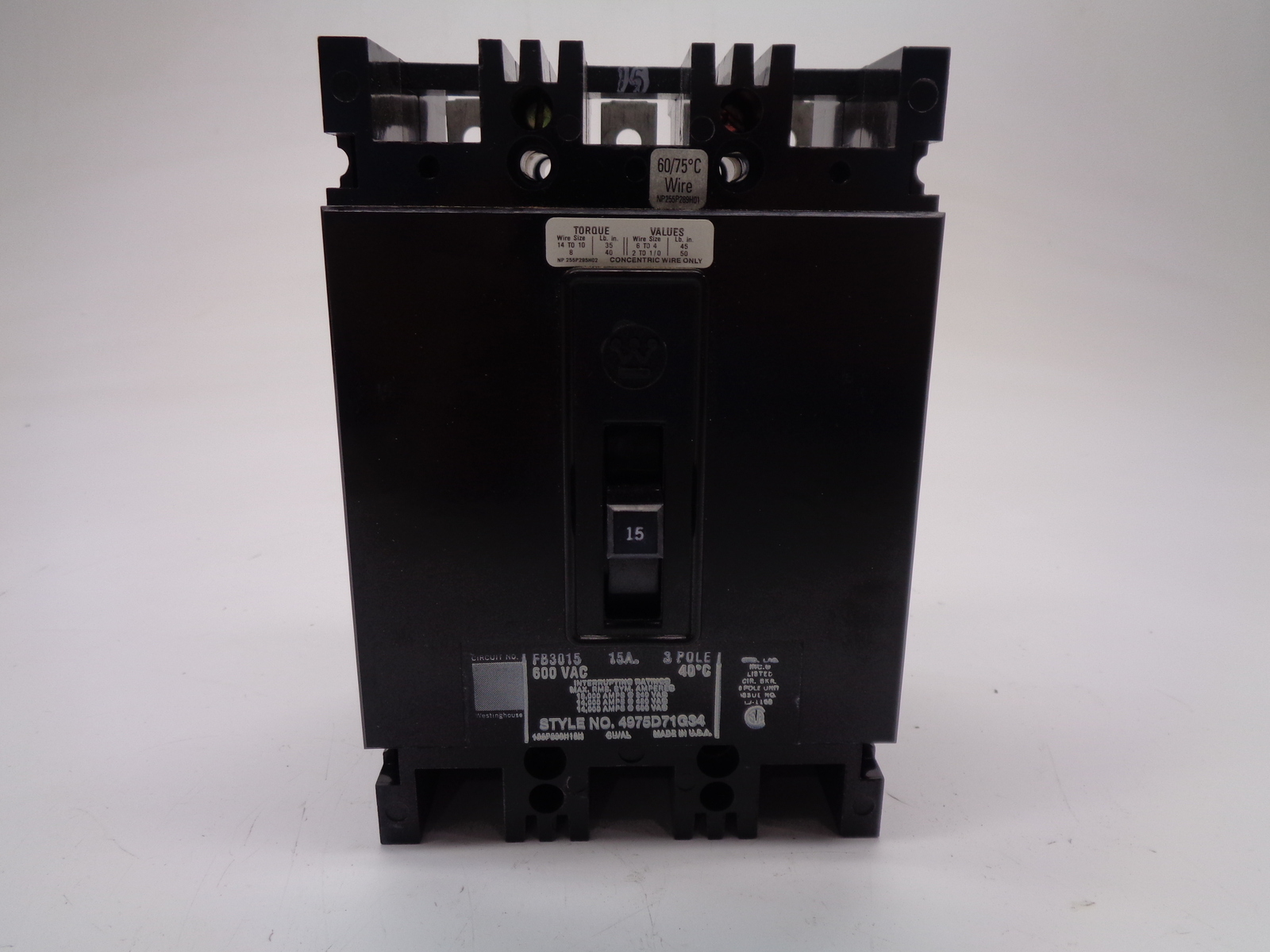WESTINGHOUSE 4975D71G34 BREAKER 15A 3POLE NSNP