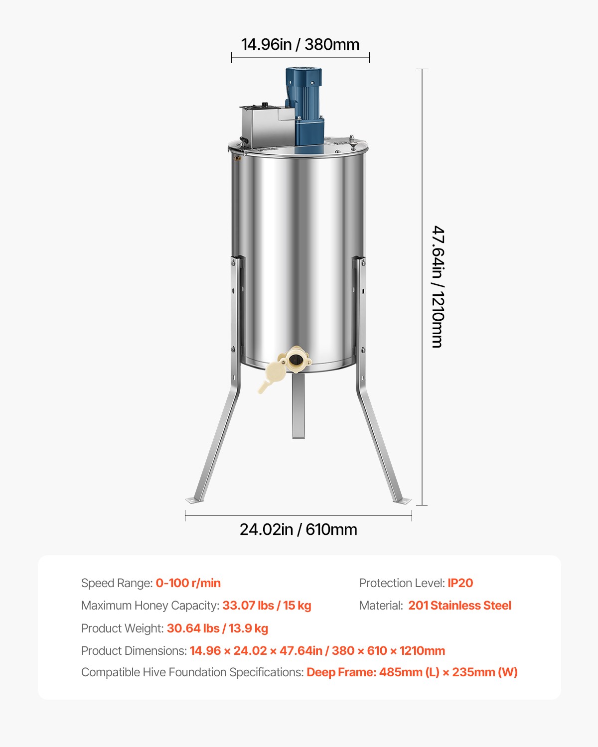 VEVOR Electric Honey Extractor 3 Frame Beekeeping Honeycomb Stainless Steel