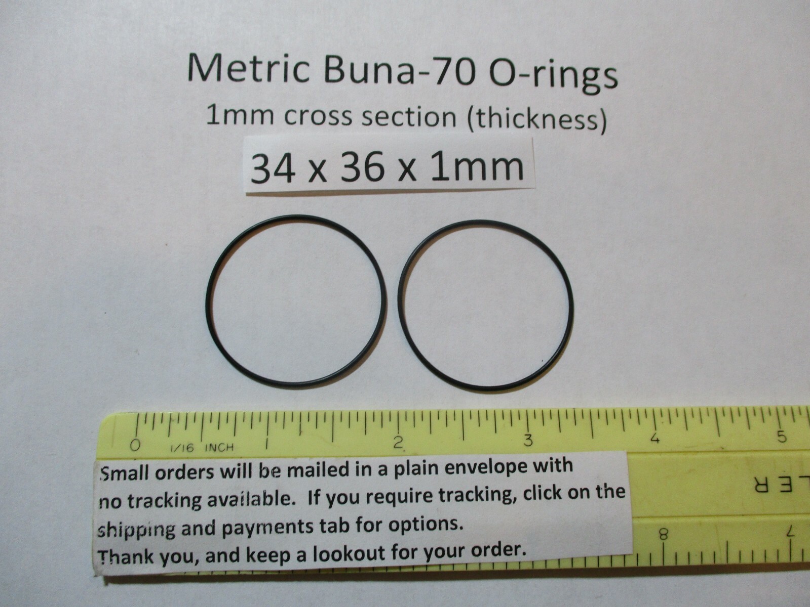 34mm ID x 36mm OD x 1mm thick O-ring. Buna-70. Quan 2..