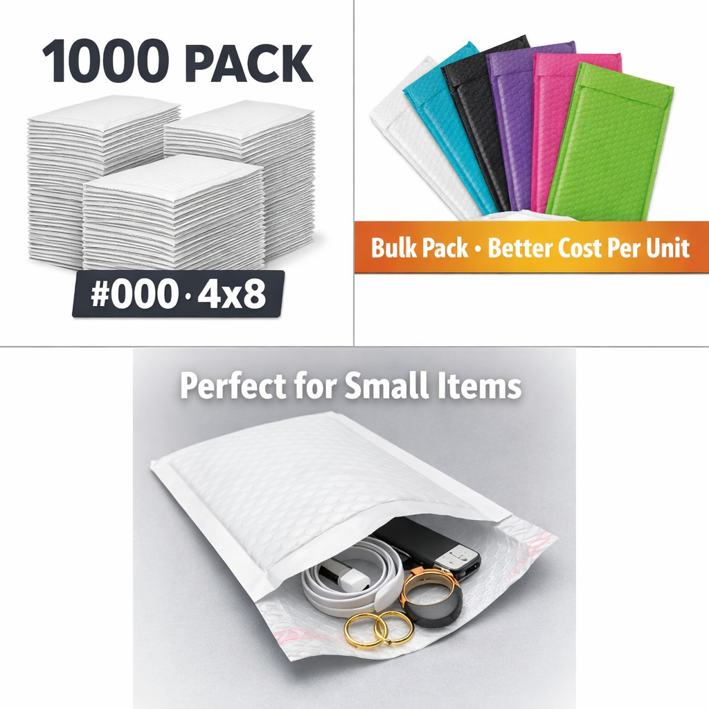 1000 #000 4×8 Poly Bubble Mailers Padded Self Seal Shipping Envelopes Bulk