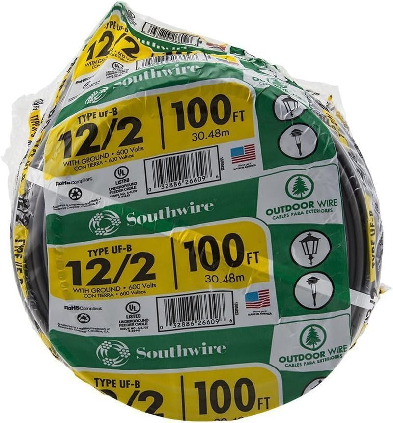 12/2 UF B Wire with Ground, 100 Ft, Gray Solid Copper Direct Burial Cable for Ou