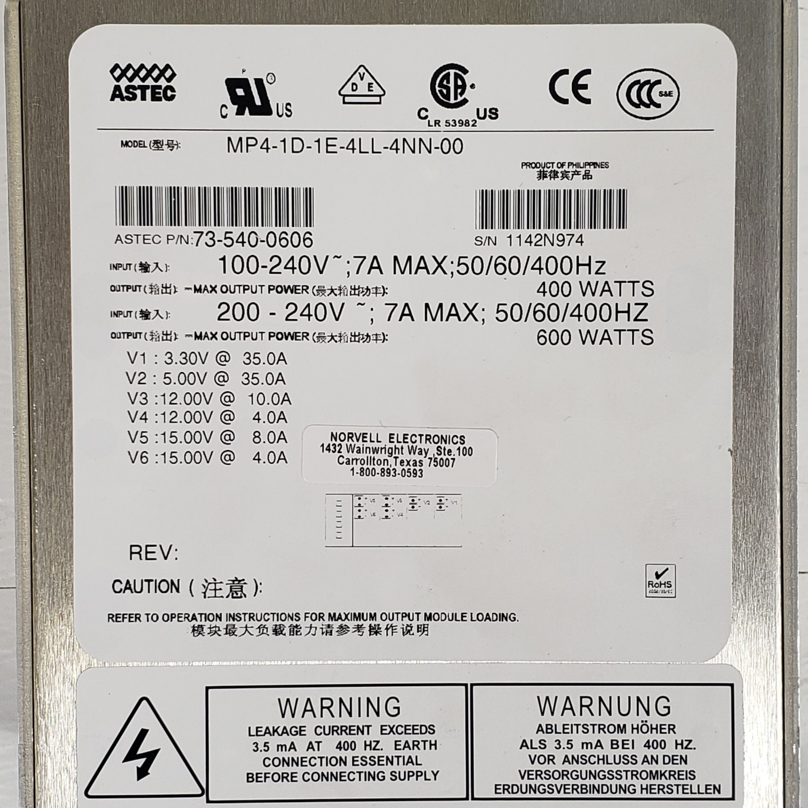 ASTEC MP4-1D-1E-4LL-4NN-00 6-Output Modular Power Supply 400W/600W