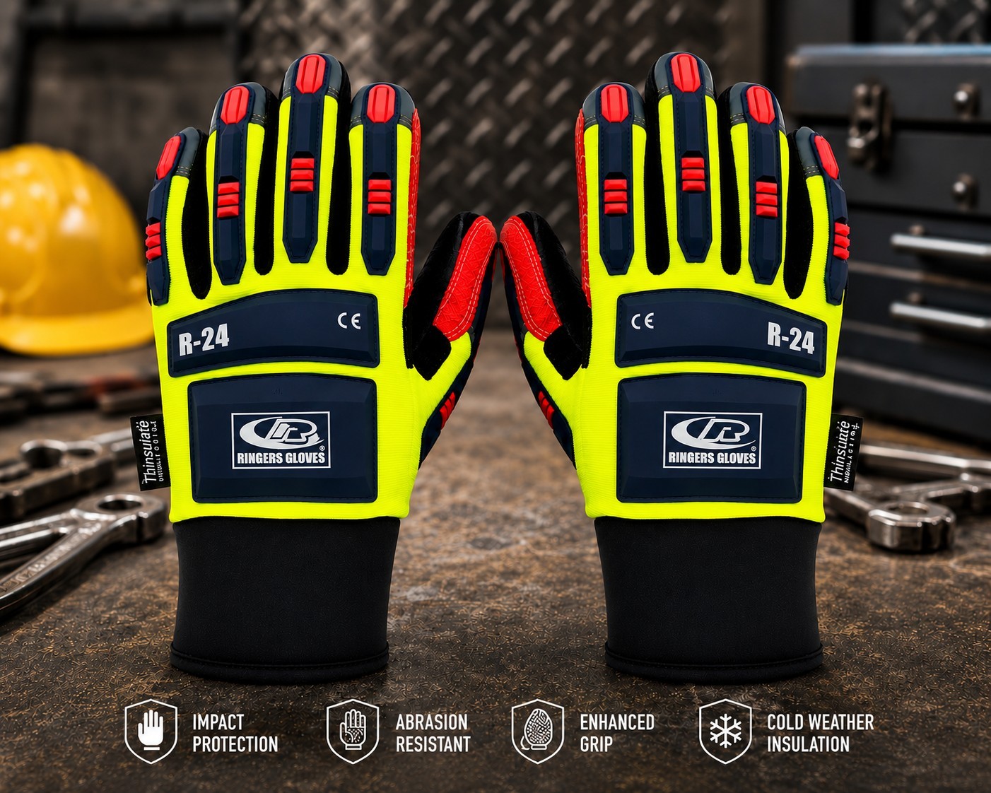 Ringers Gloves R-24 Hi-Vis Impact Protection Thinsulate Work Gloves Size L OR XL