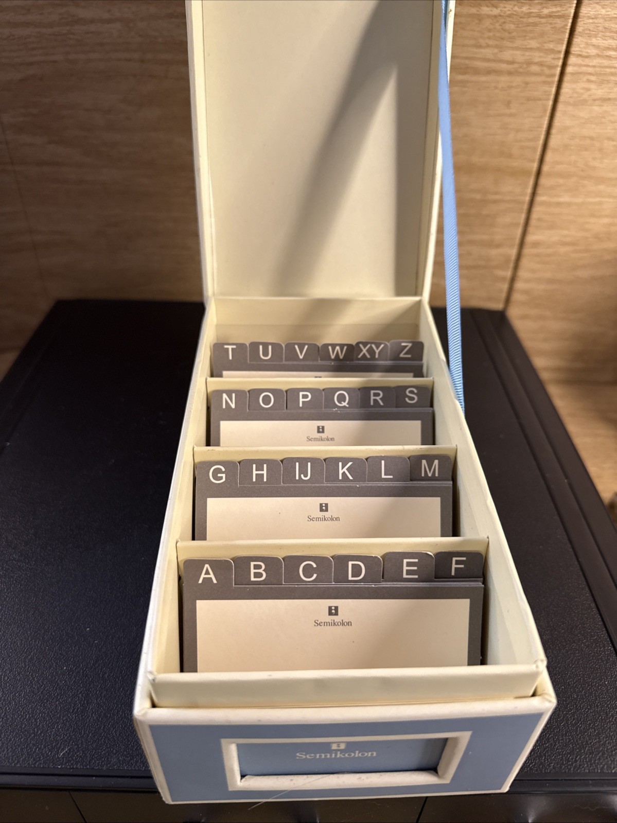 Semi Colon Business Card File Box with Alphabetical Divider Cards. Lift Tab